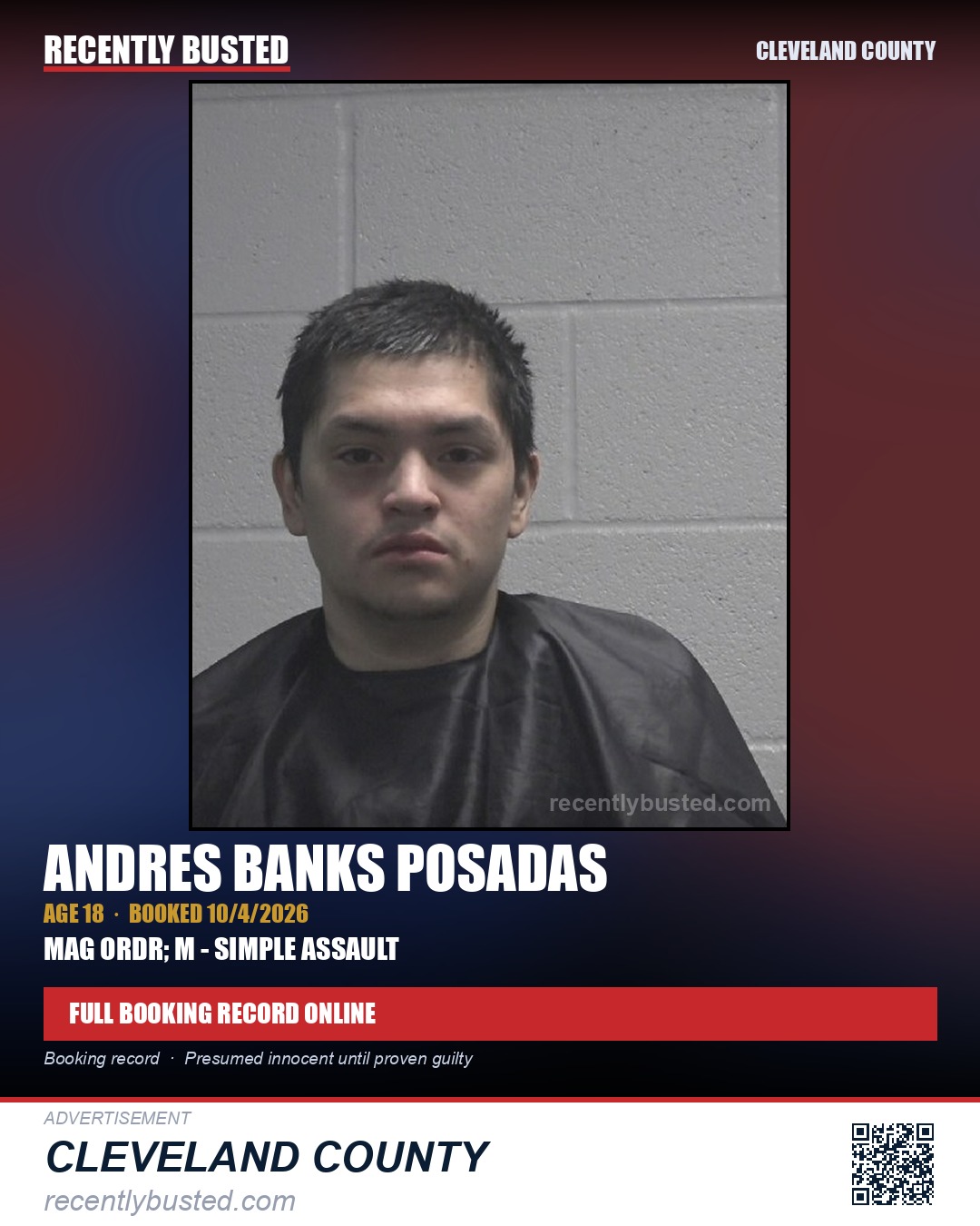 ANDRES BANKS POSADAS — arrest record card, Cleveland County