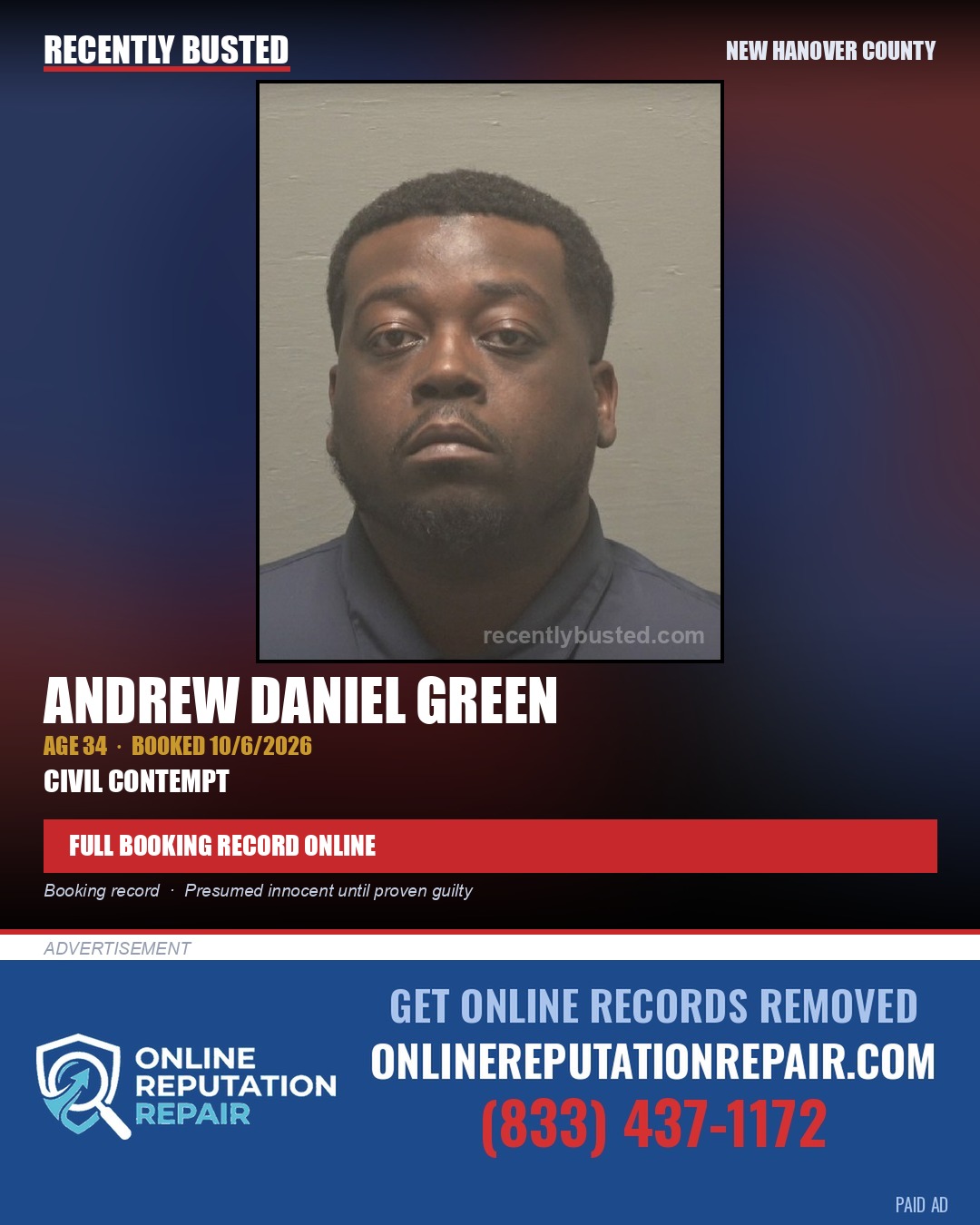 ANDREW DANIEL GREEN — arrest record card, New Hanover County