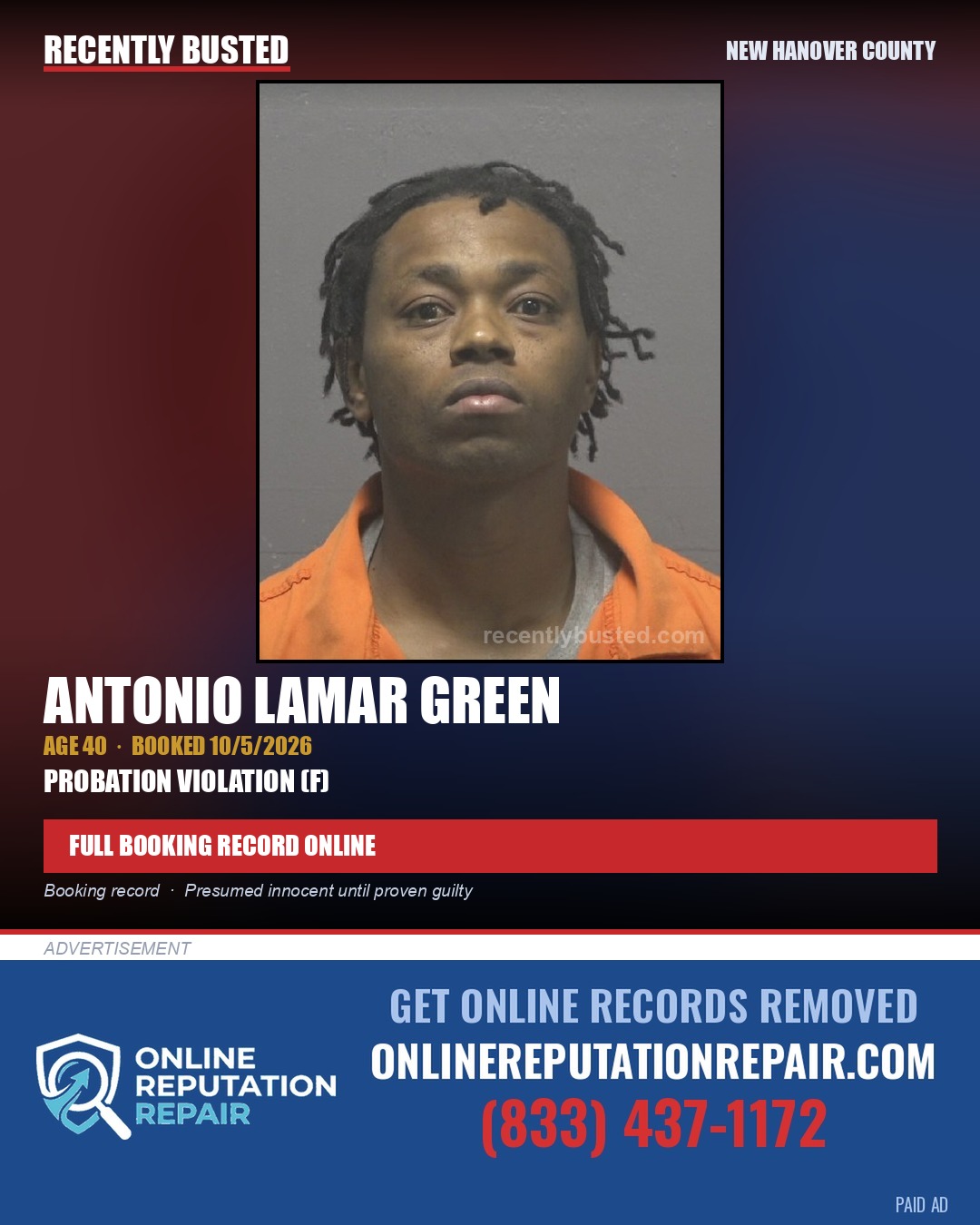 ANTONIO LAMAR GREEN — arrest record card, New Hanover County