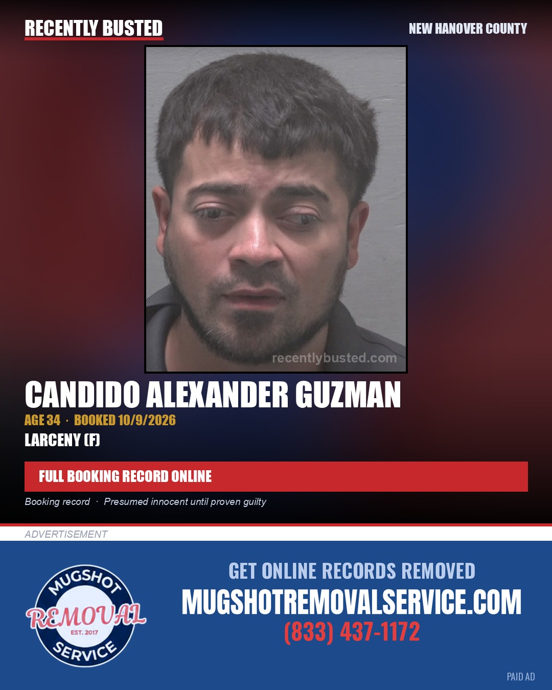CANDIDO ALEXANDER GUZMAN — arrest record card, New Hanover County