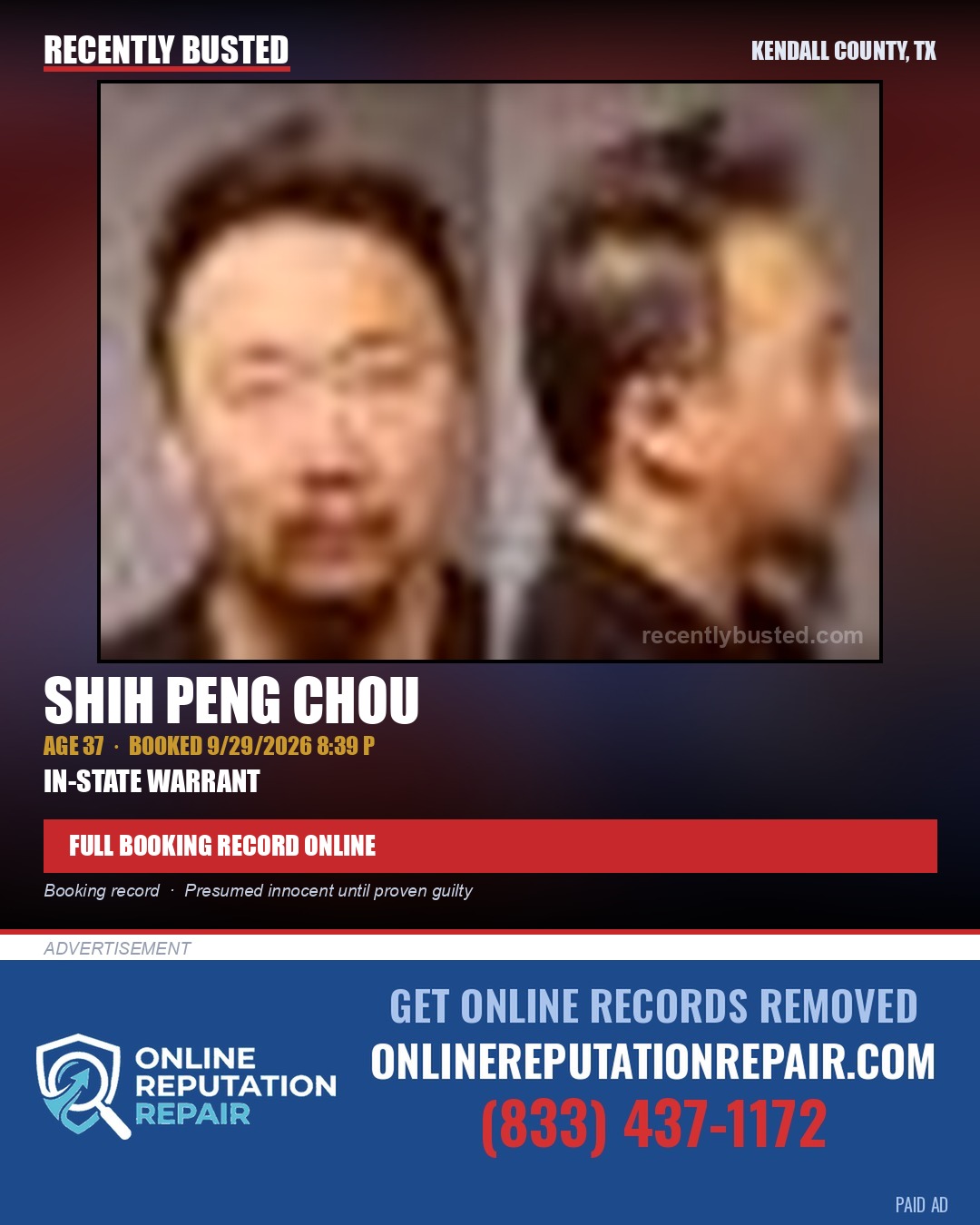 CHOU, SHIH PENG — arrest record card, Kendall County, Illinois