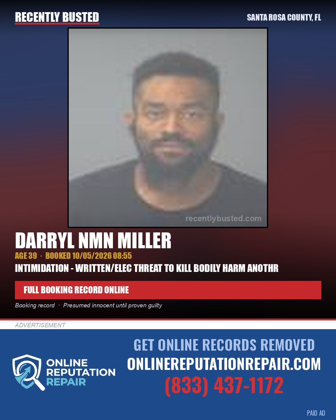 Darryl Nmn Miller — arrest record card, Santa Rosa County, Florida