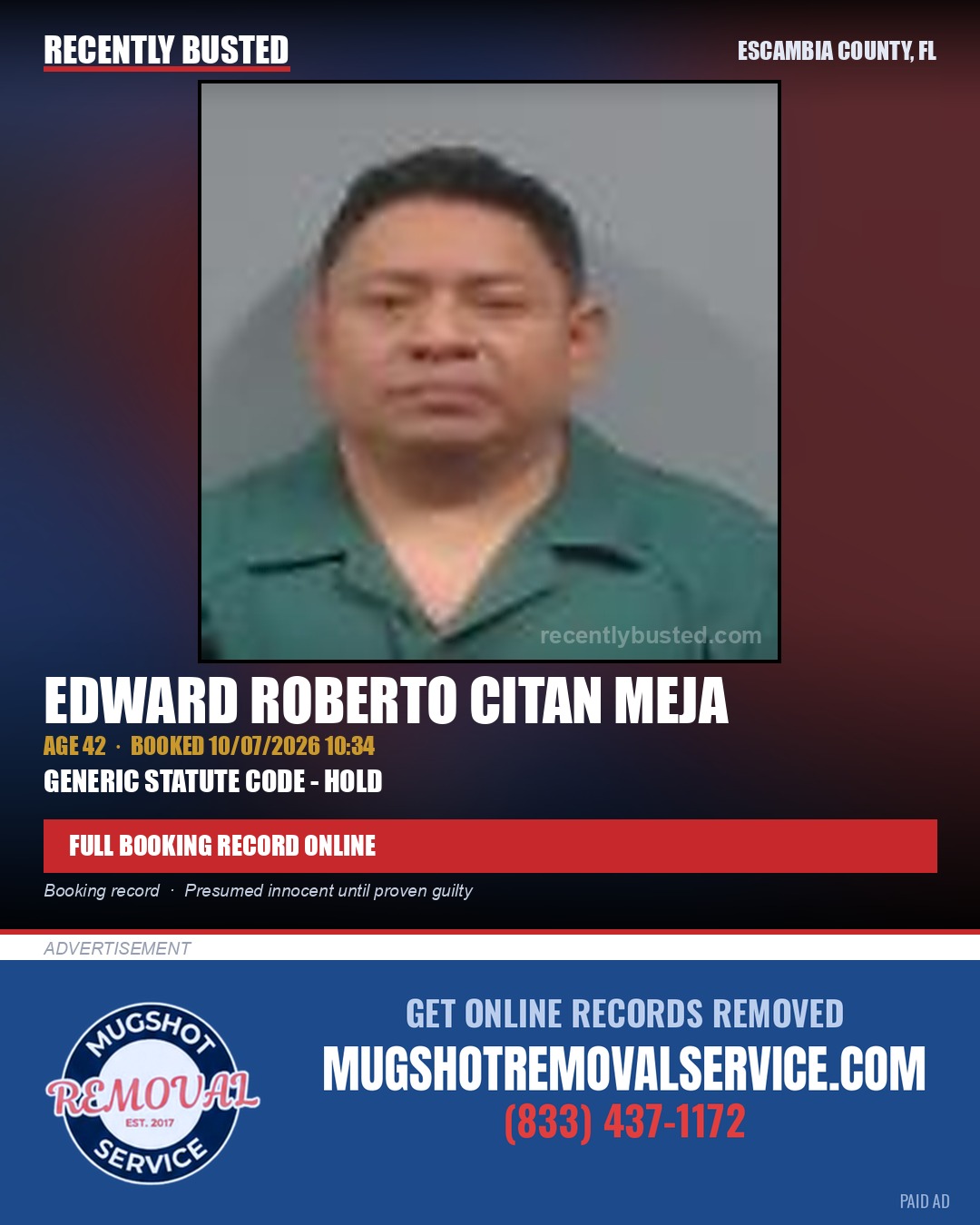 Edward Roberto Citan Meja — arrest record card, Escambia County, Florida