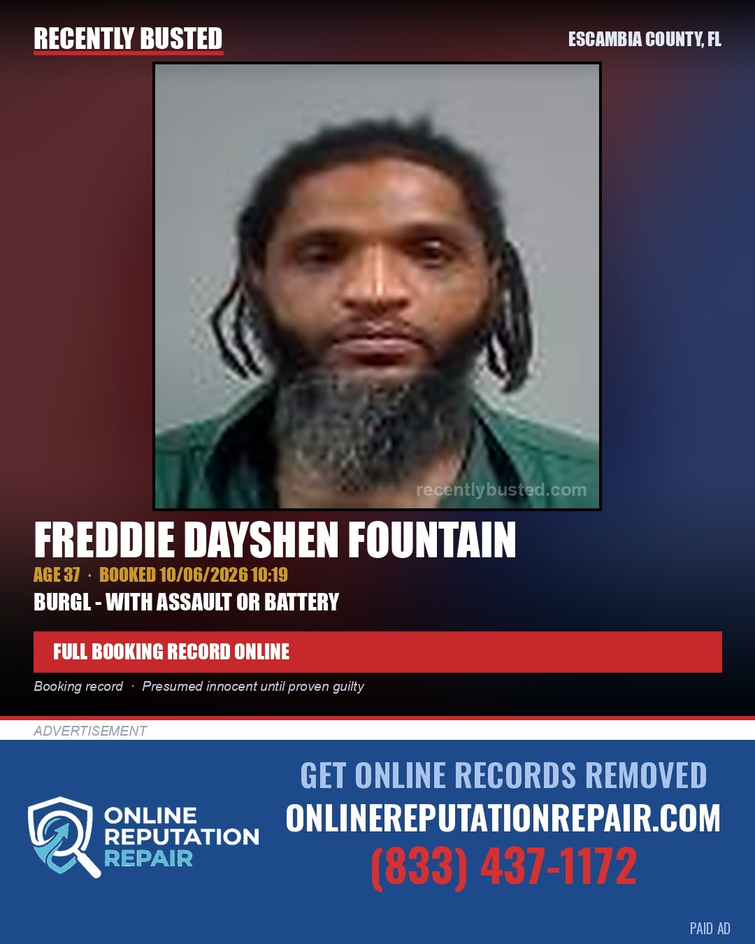 Freddie Dayshen Fountain — arrest record card, Escambia County, Florida