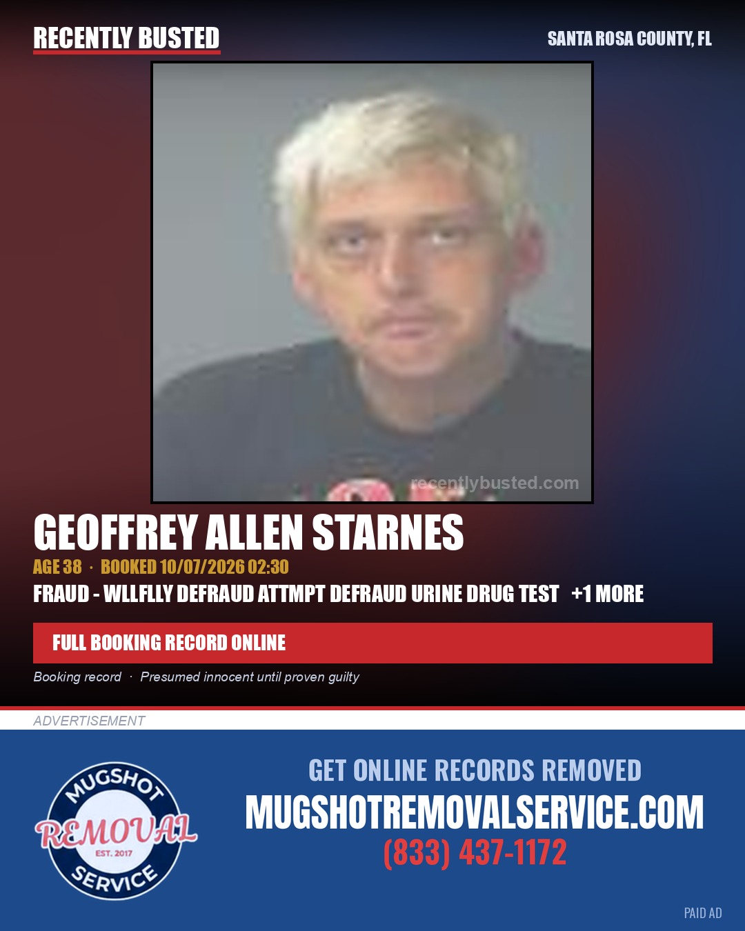 Geoffrey Allen Starnes — arrest record card, Santa Rosa County, Florida