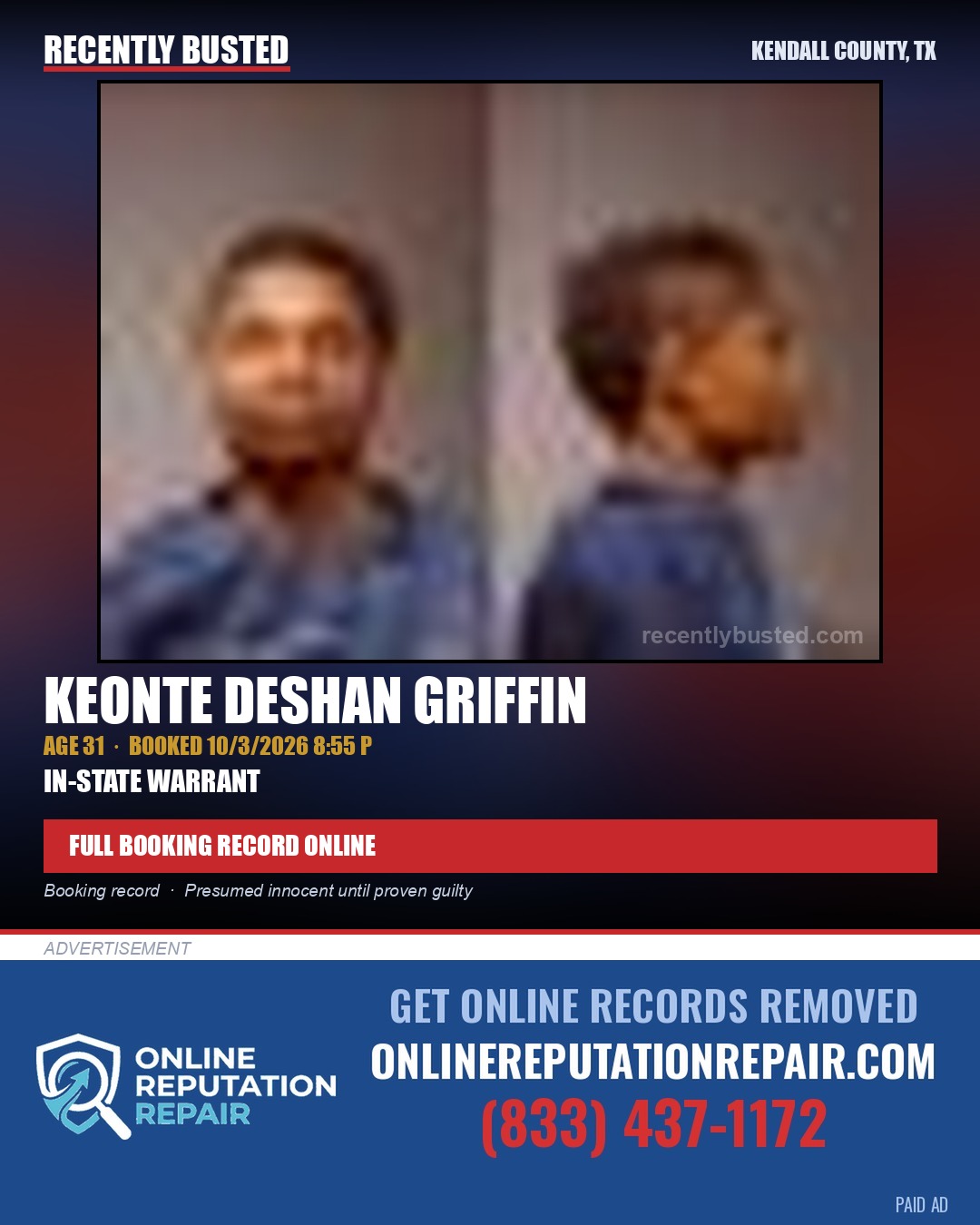 GRIFFIN, KEONTE DESHAN — arrest record card, Kendall County, Illinois
