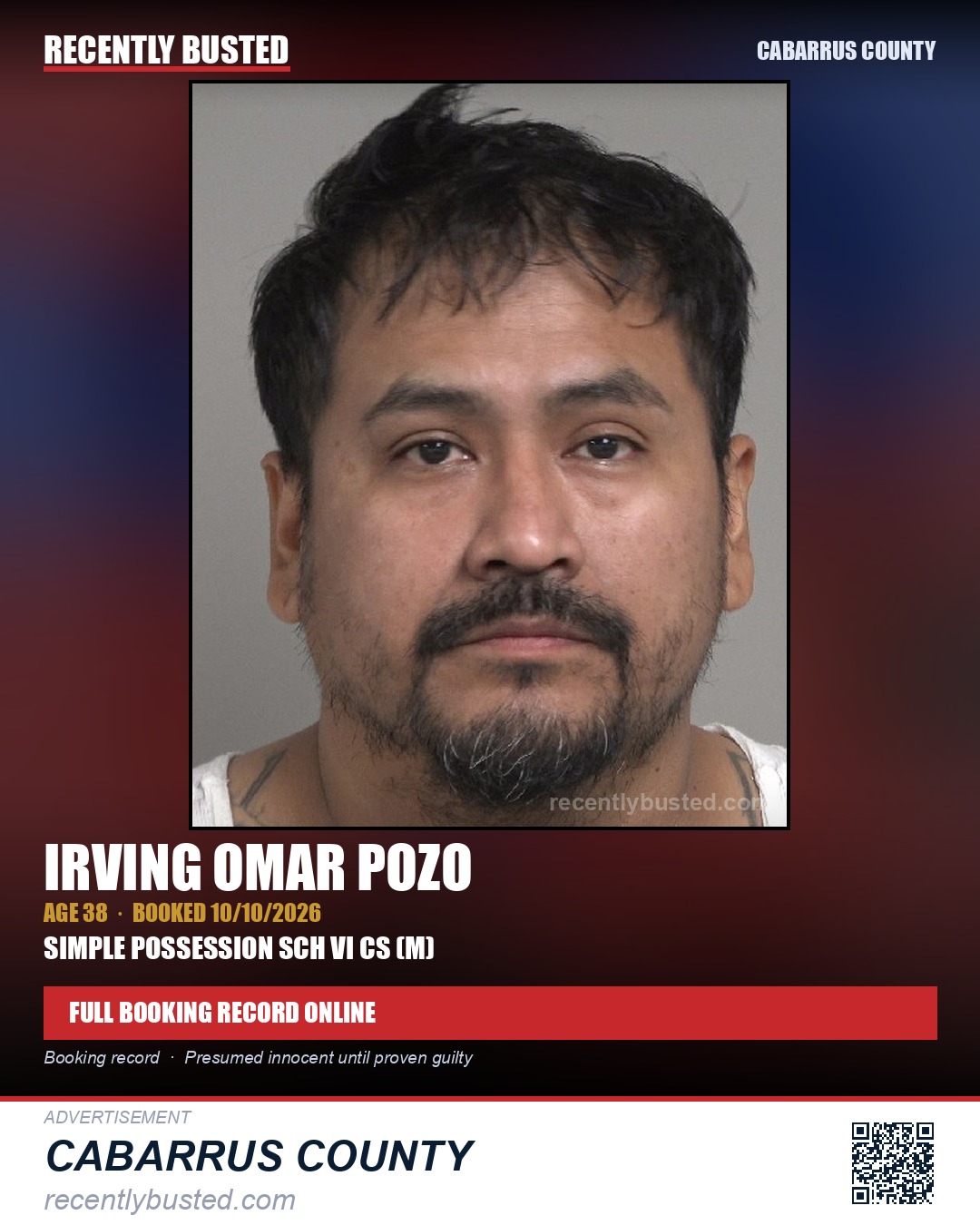 IRVING OMAR POZO — arrest record card, Cabarrus County