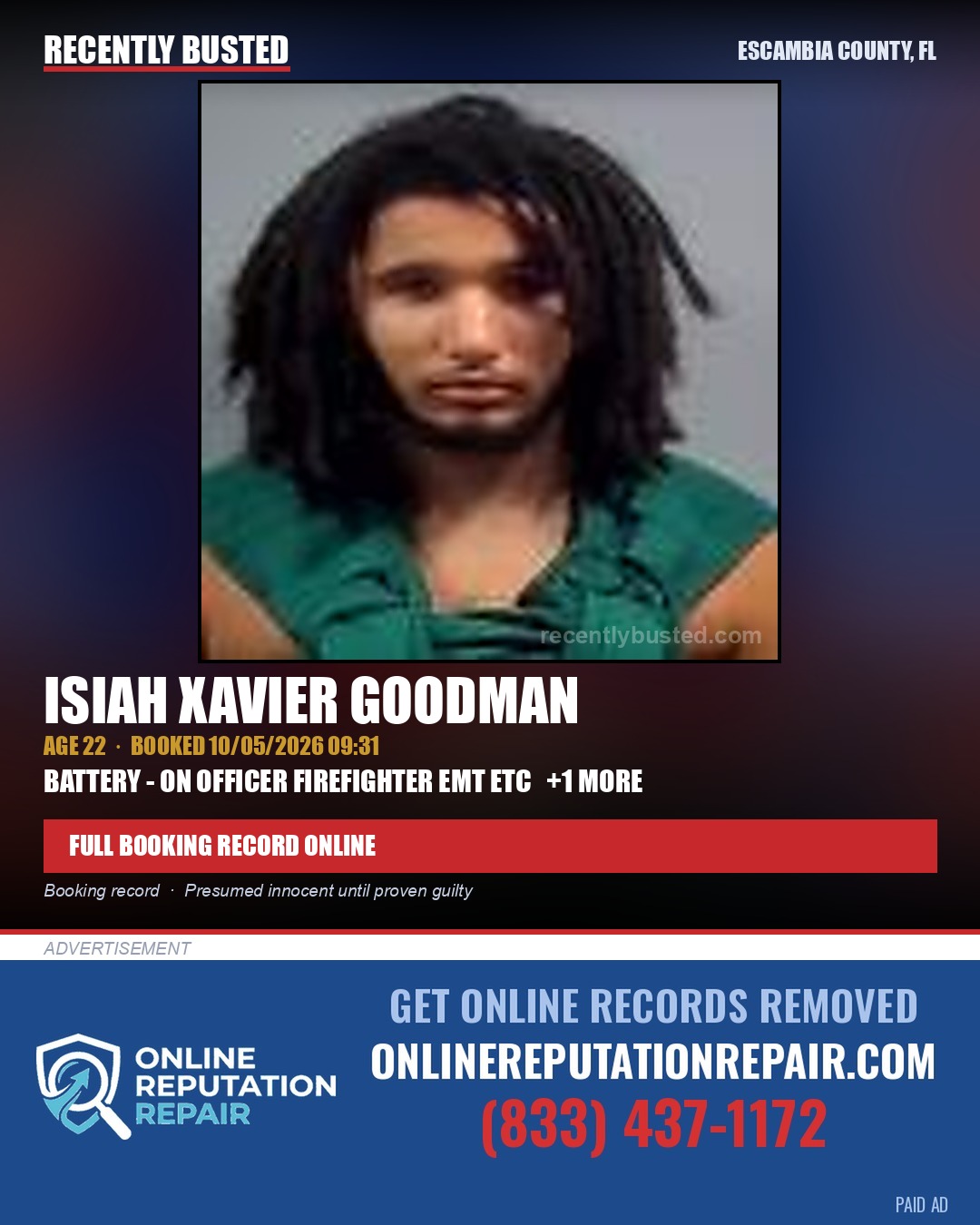 Isiah Xavier Goodman — arrest record card, Escambia County, Florida