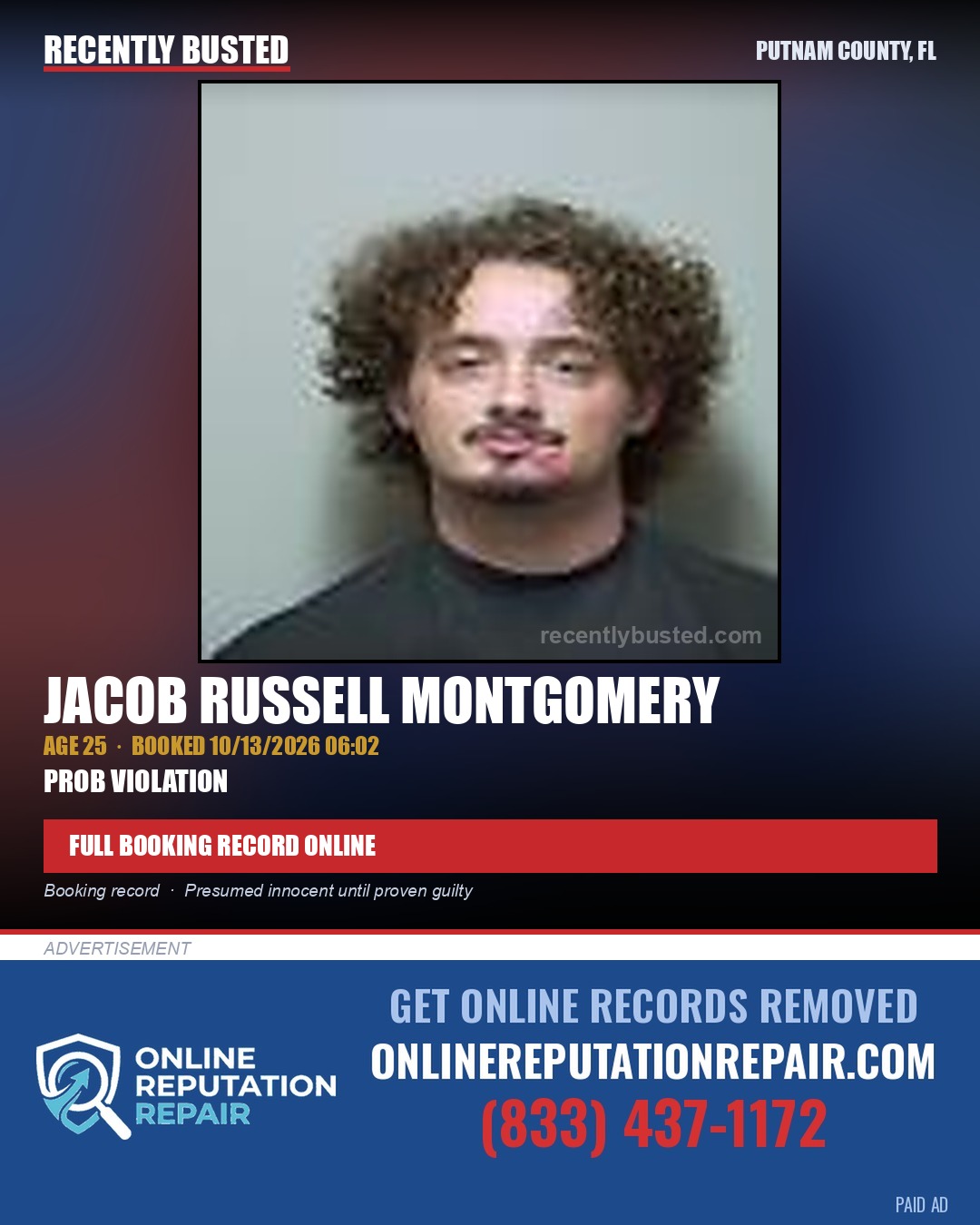 Jacob Russell Montgomery — arrest record card, Putnam County, Florida