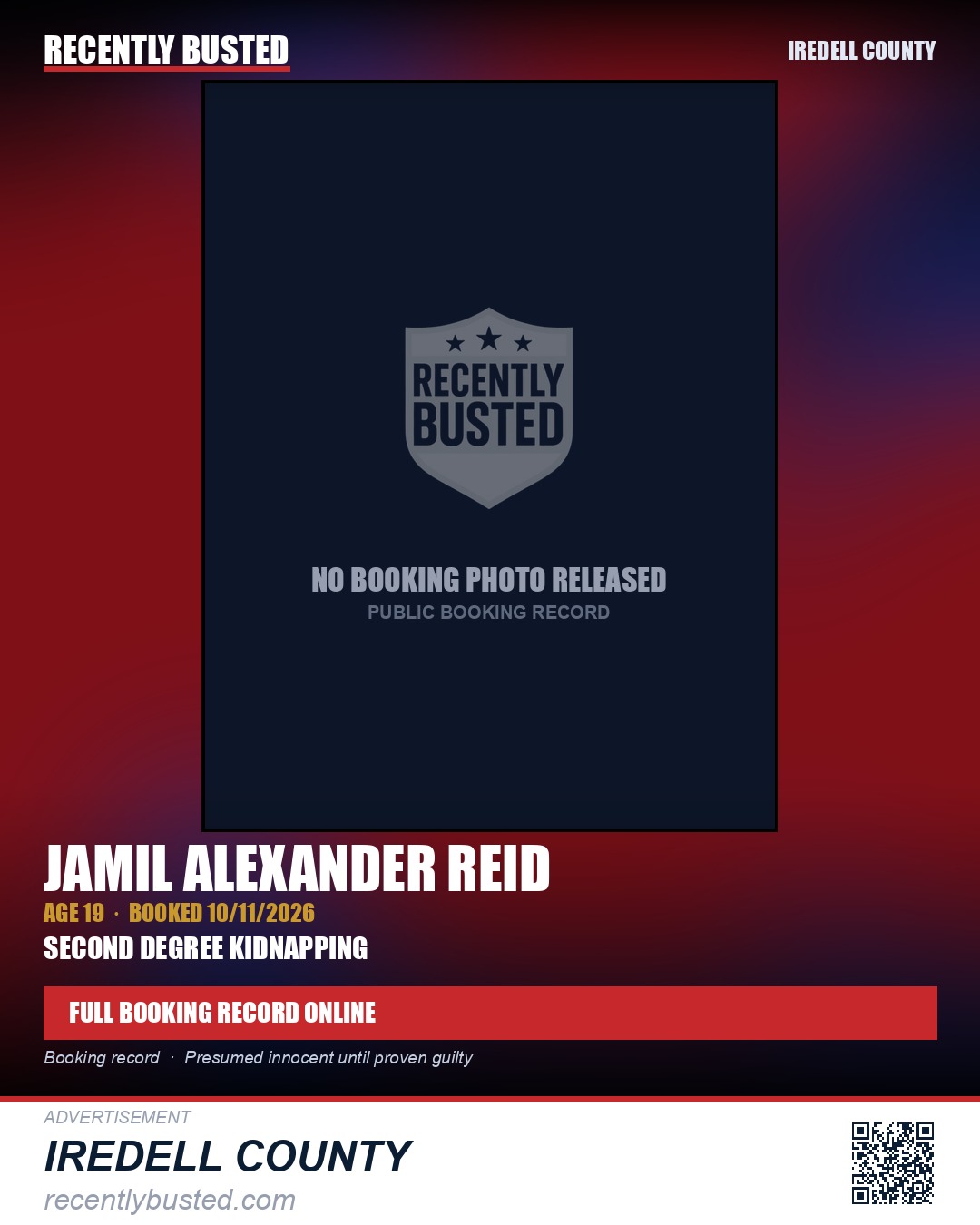 JAMIL ALEXANDER REID — arrest record card, Iredell County