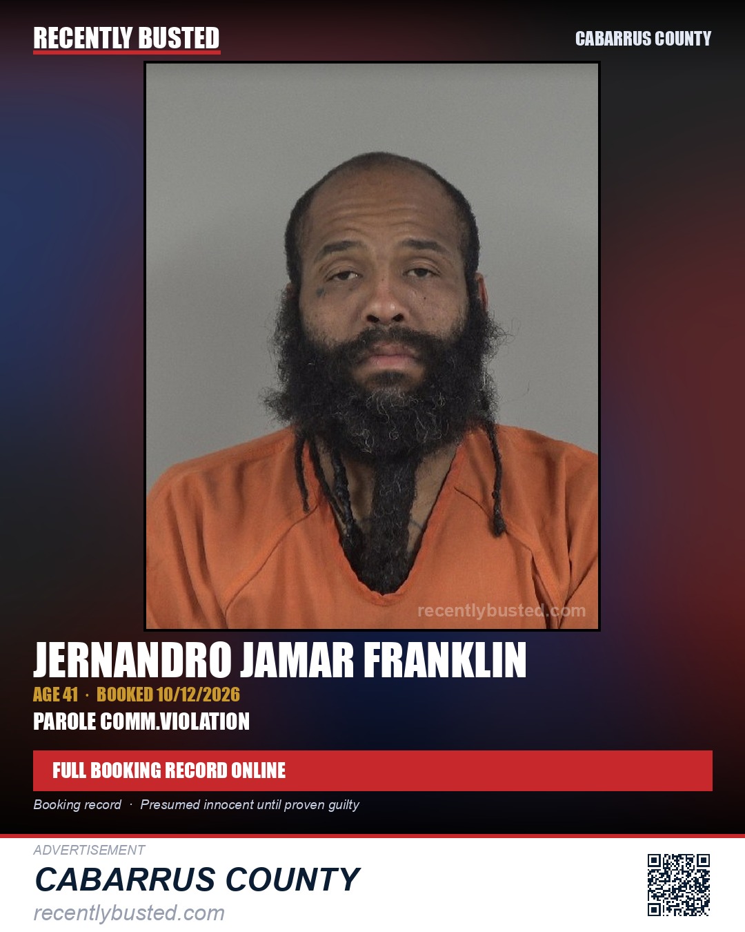 JERNANDRO JAMAR FRANKLIN — arrest record card, Cabarrus County