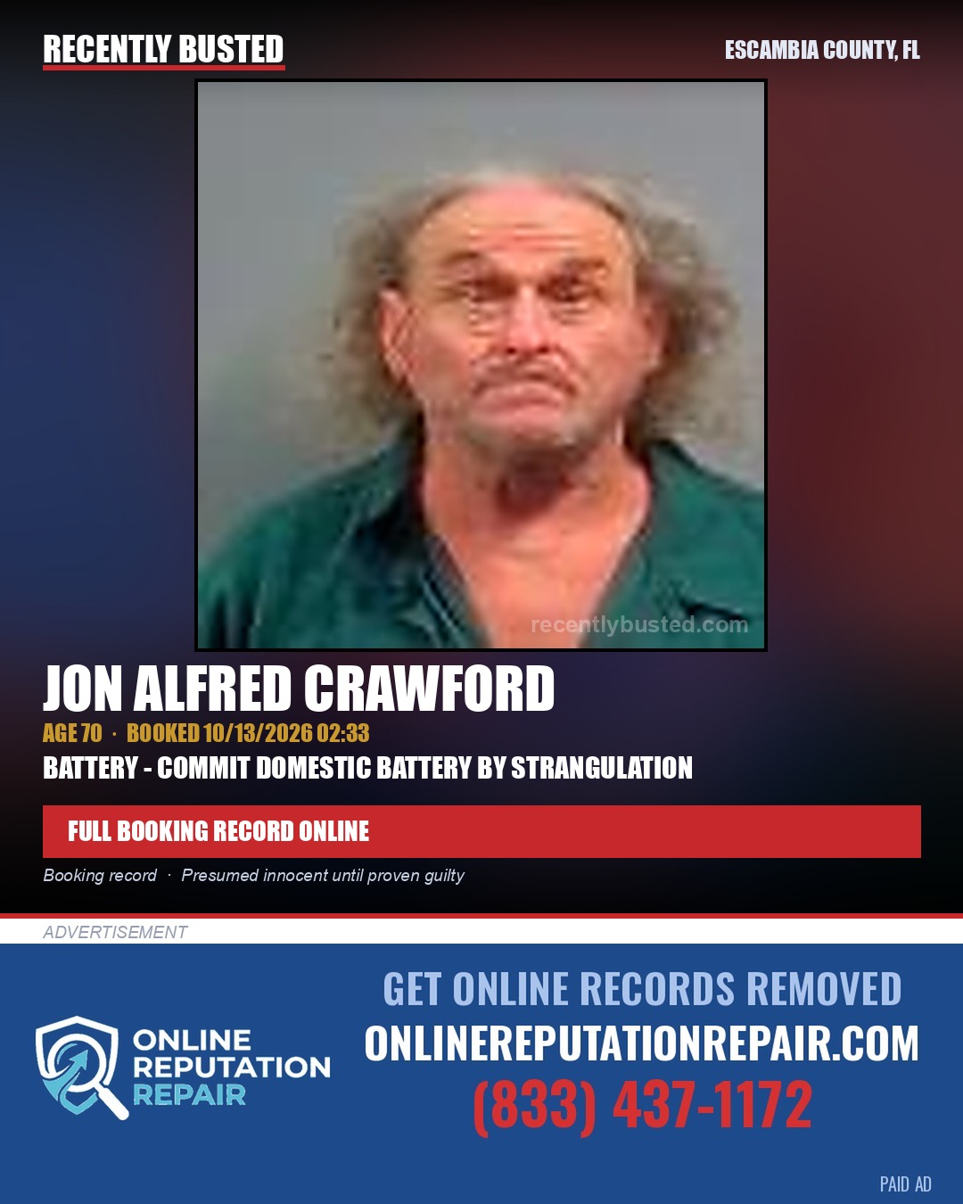 Jon Alfred Crawford — arrest record card, Escambia County, Florida