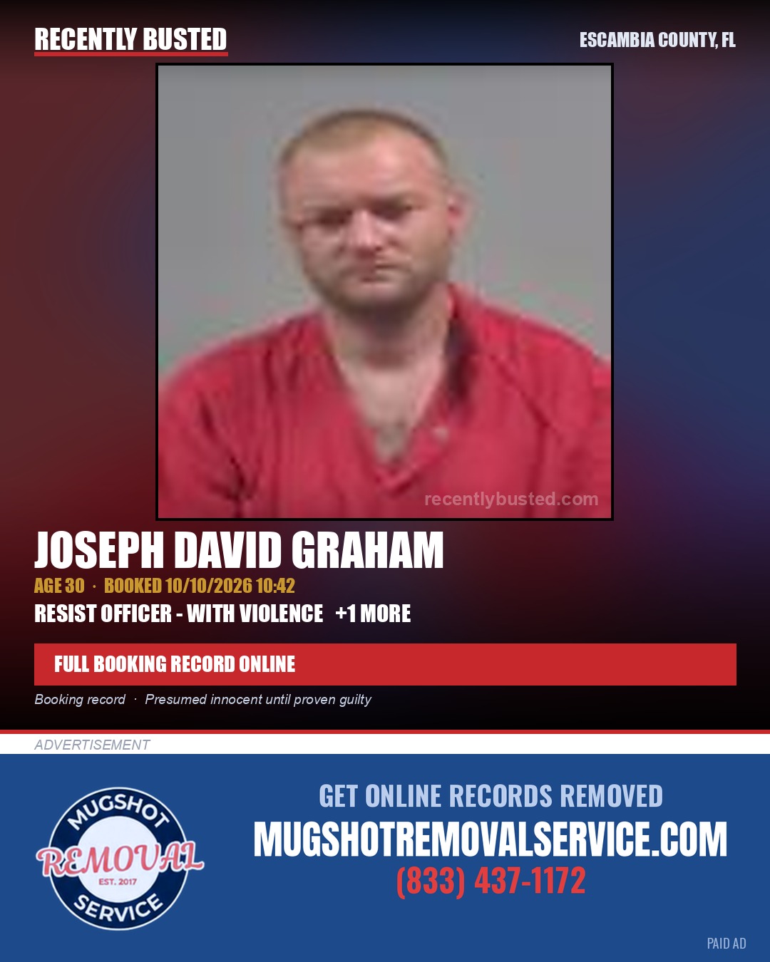 Joseph David Graham — arrest record card, Escambia County, Florida