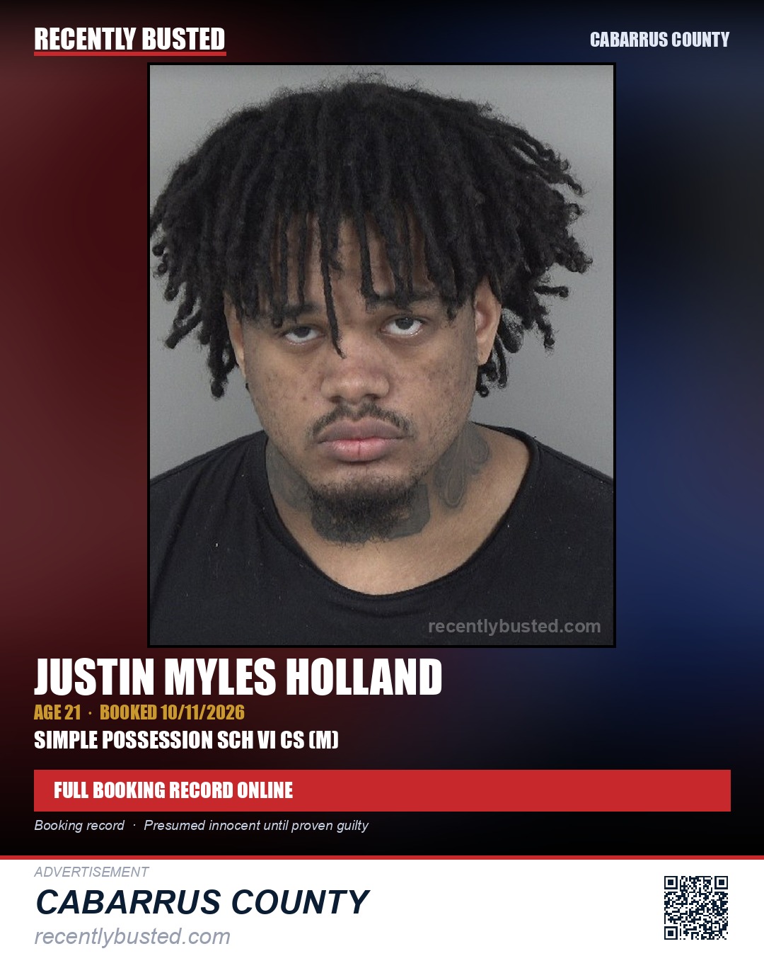 JUSTIN MYLES HOLLAND — arrest record card, Cabarrus County
