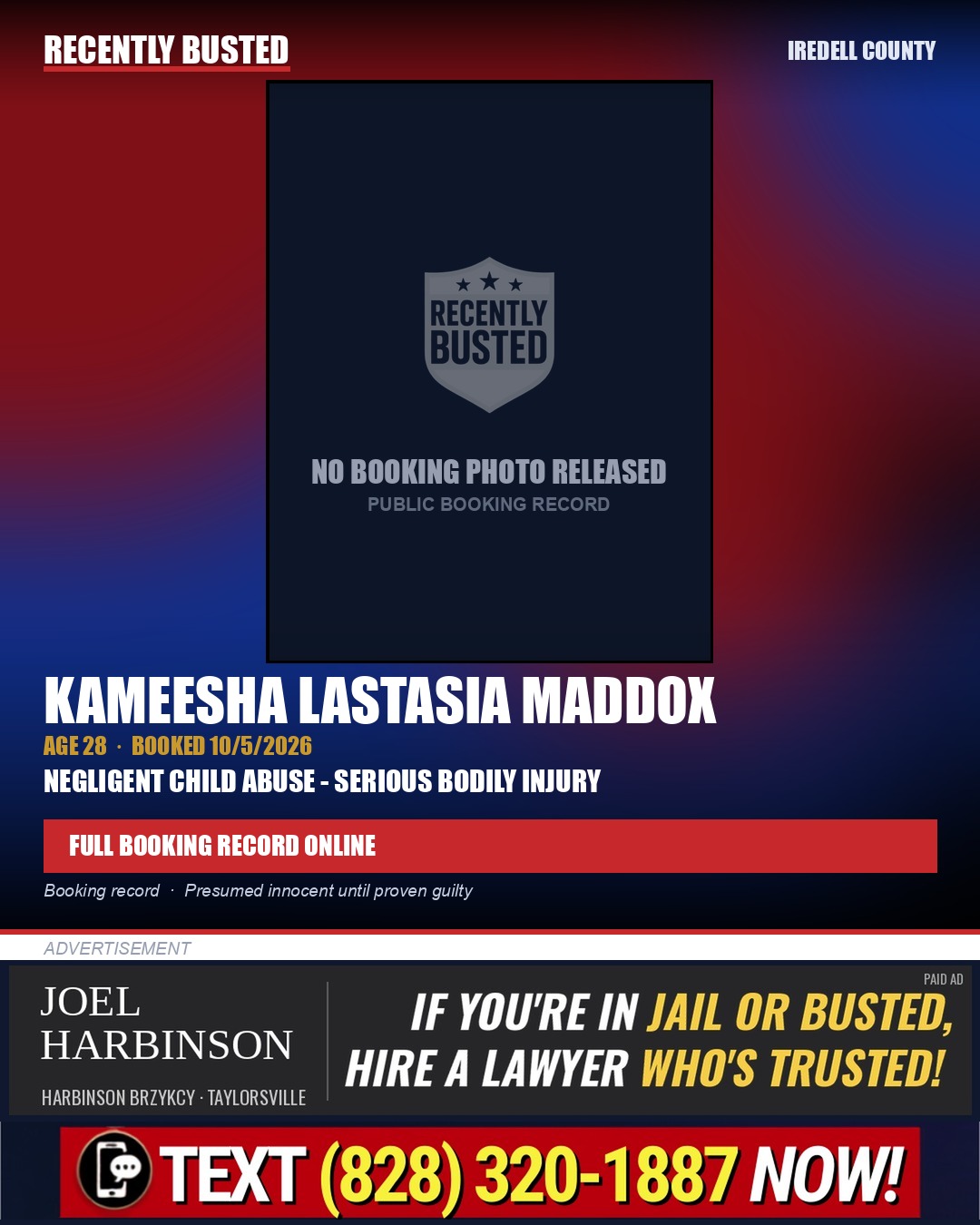 KAMEESHA LASTASIA MADDOX — arrest record card, Iredell County