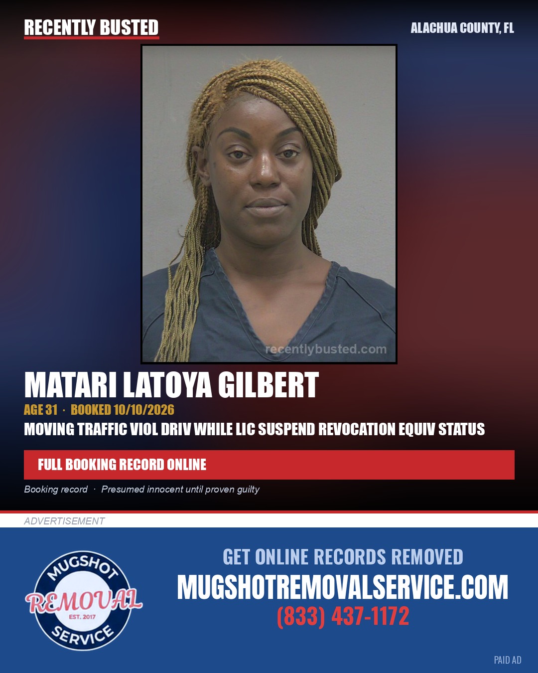 Matari Latoya Gilbert — arrest record card, Alachua County, Florida
