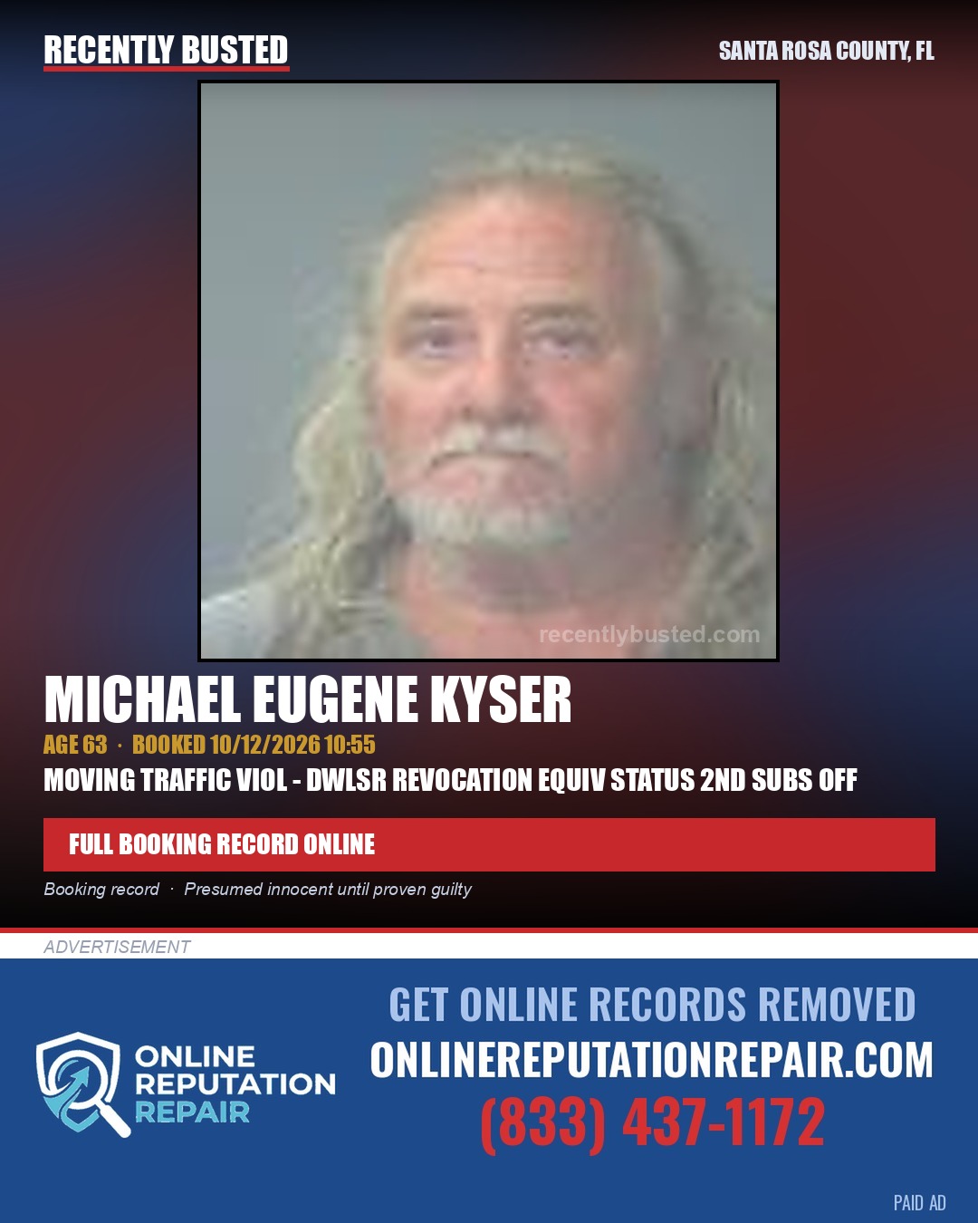 Michael Eugene Kyser — arrest record card, Santa Rosa County, Florida