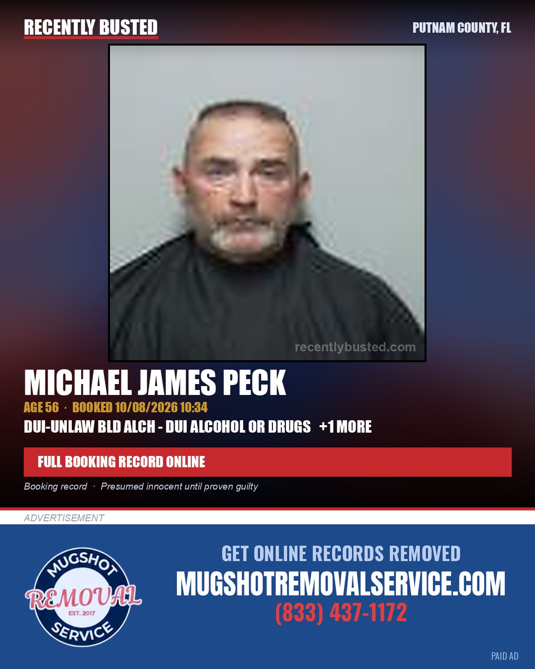 Michael James Peck — arrest record card, Putnam County, Florida