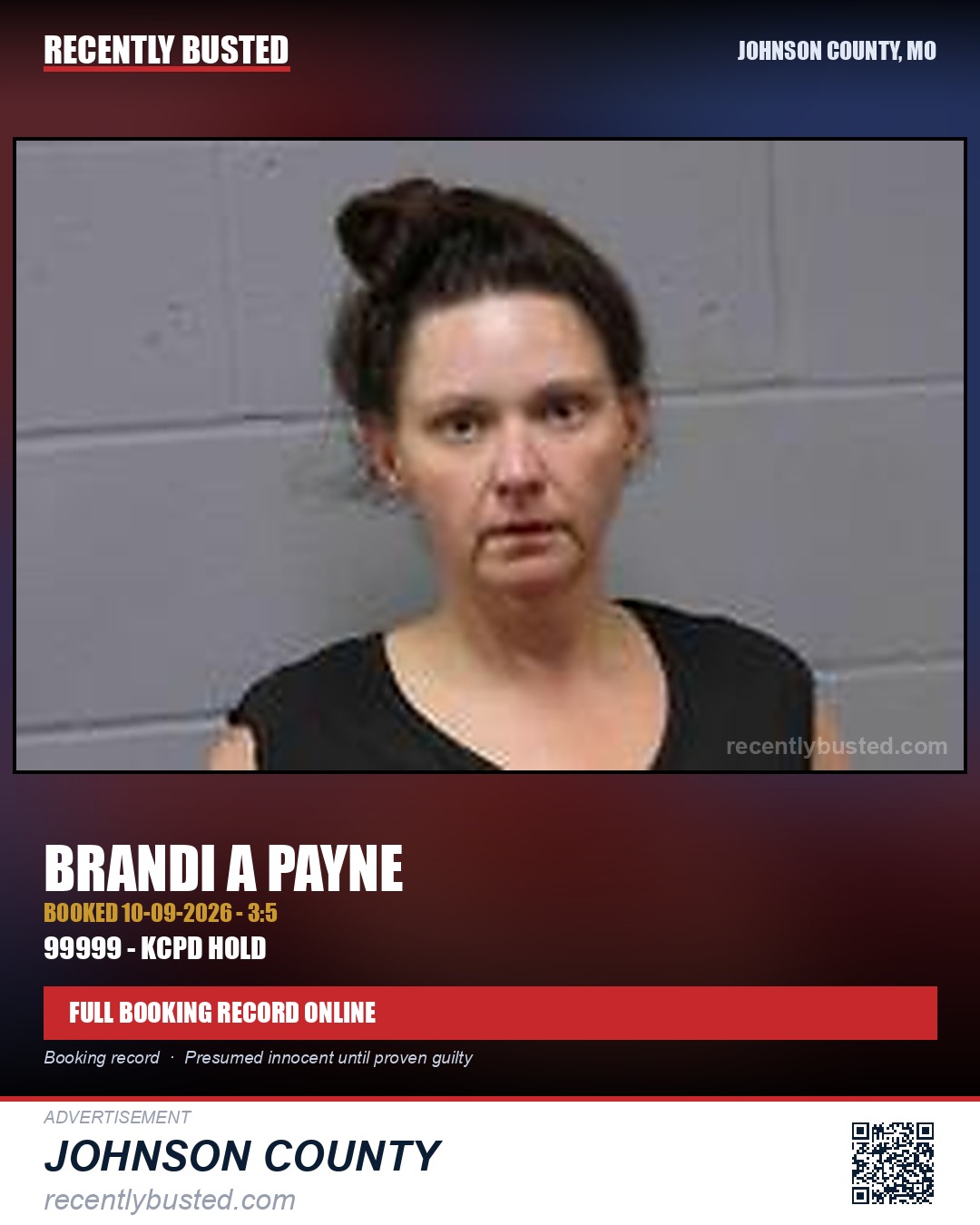 PAYNE, BRANDI A — arrest record card, Johnson County, Missouri