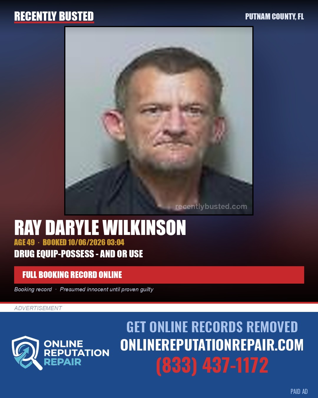 Ray Daryle Wilkinson — arrest record card, Putnam County, Florida