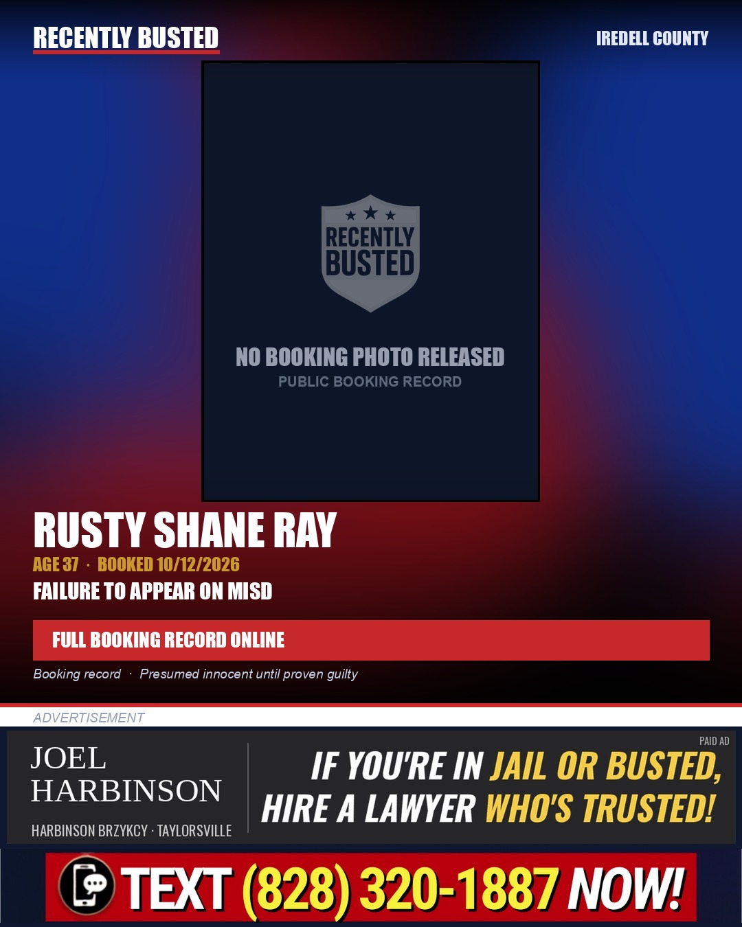 RUSTY SHANE RAY — arrest record card, Iredell County