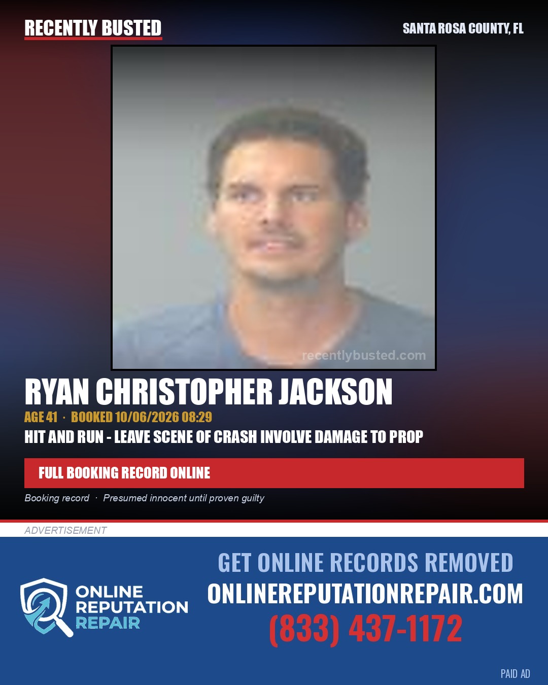 Ryan Christopher Jackson — arrest record card, Santa Rosa County, Florida