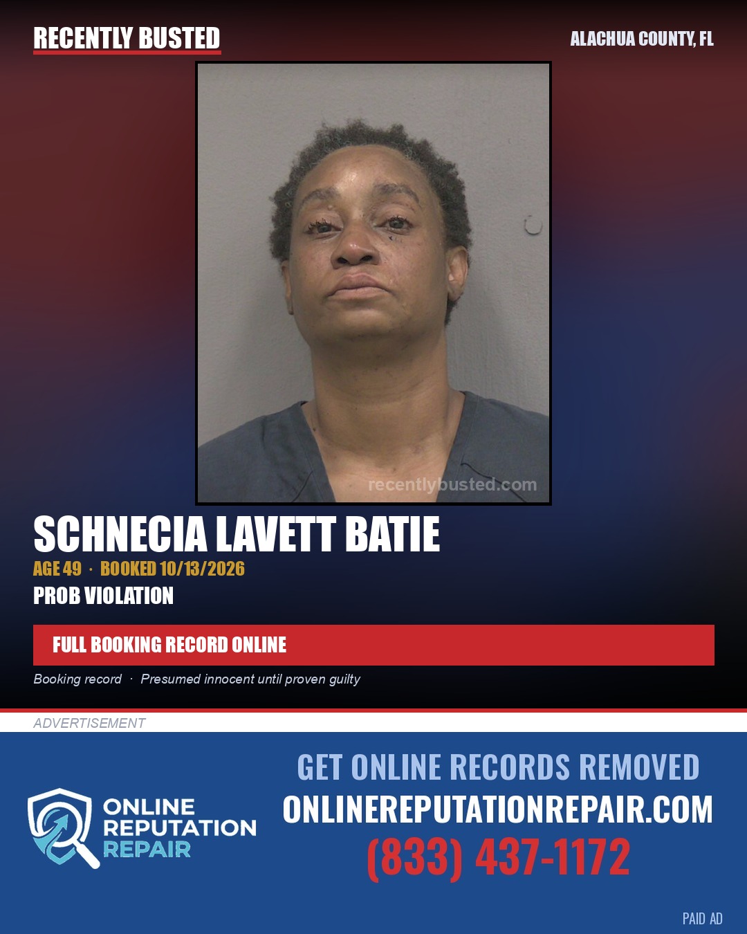 Schnecia Lavett Batie — arrest record card, Alachua County, Florida