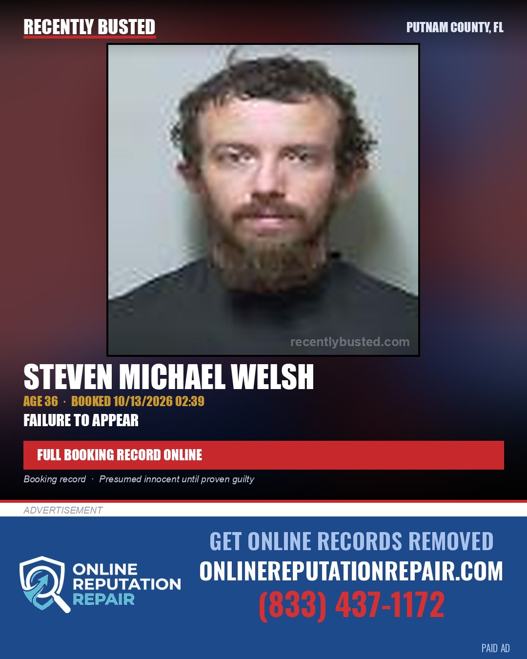 Steven Michael Welsh — arrest record card, Putnam County, Florida