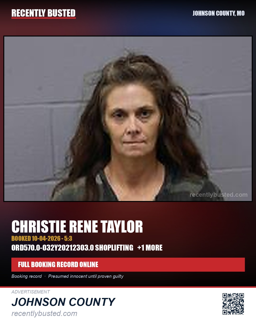 TAYLOR, CHRISTIE RENE — arrest record card, Johnson County, Missouri