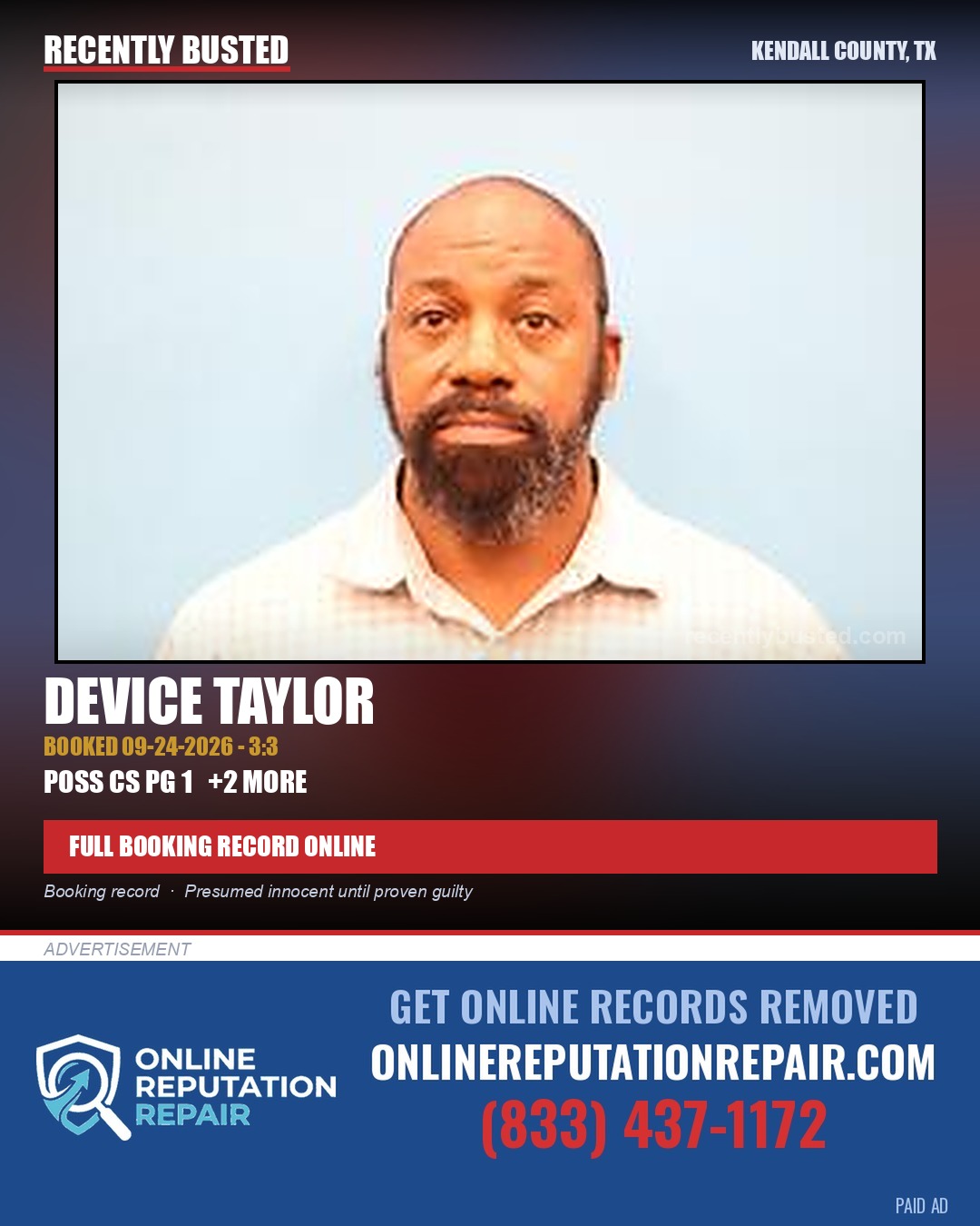 Taylor, Device — arrest record card, Kendall County, Texas