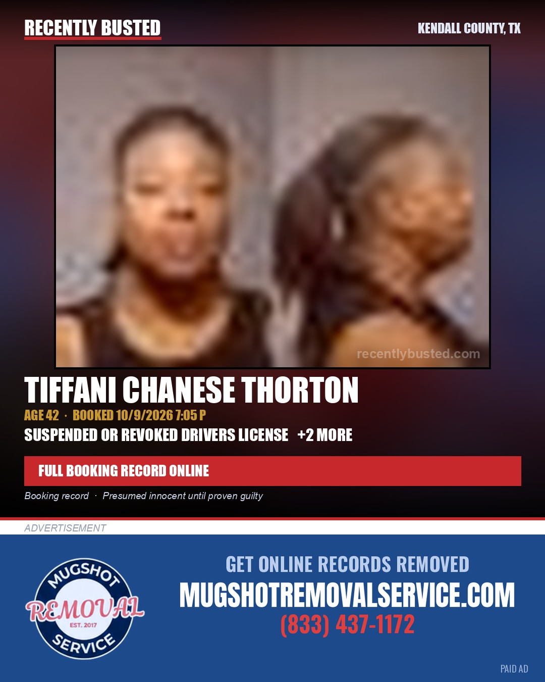 THORTON, TIFFANI CHANESE — arrest record card, Kendall County, Illinois