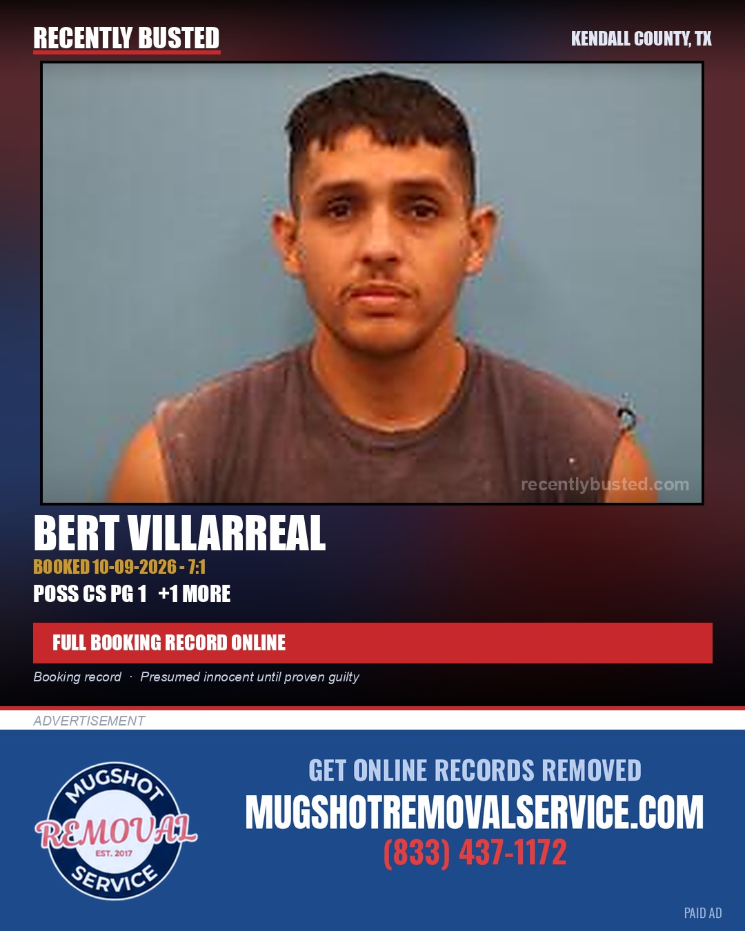 Villarreal, Bert — arrest record card, Kendall County, Texas