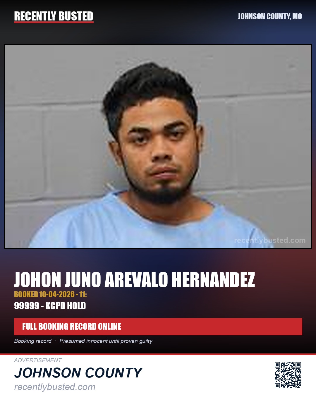 AREVALO HERNANDEZ, JOHON JUNO — arrest record card, Johnson County, Missouri