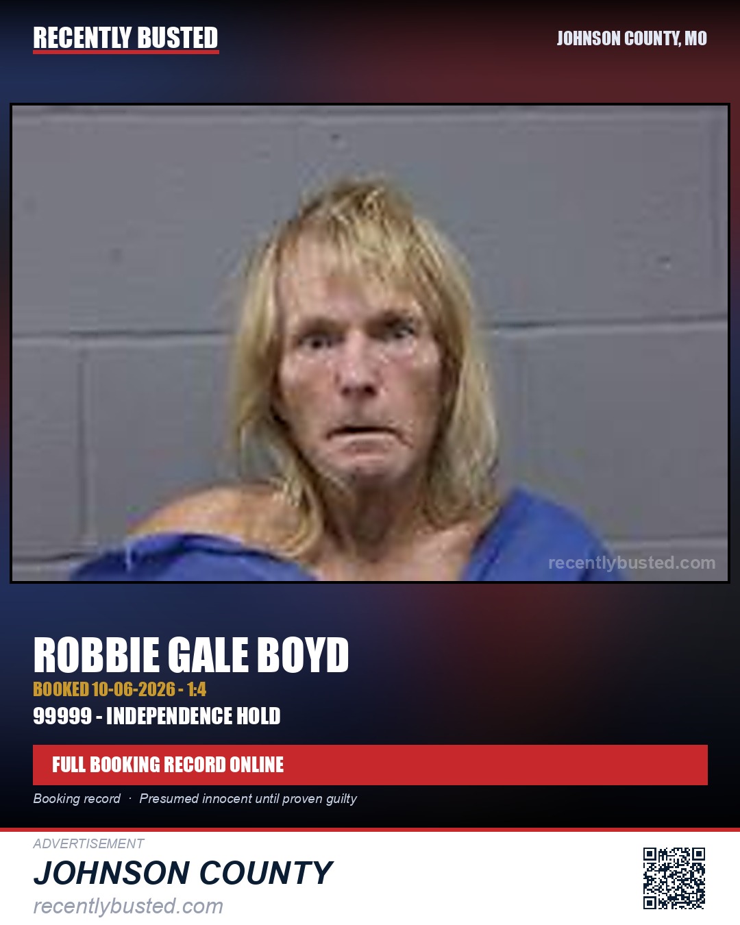 BOYD, ROBBIE GALE — arrest record card, Johnson County, Missouri