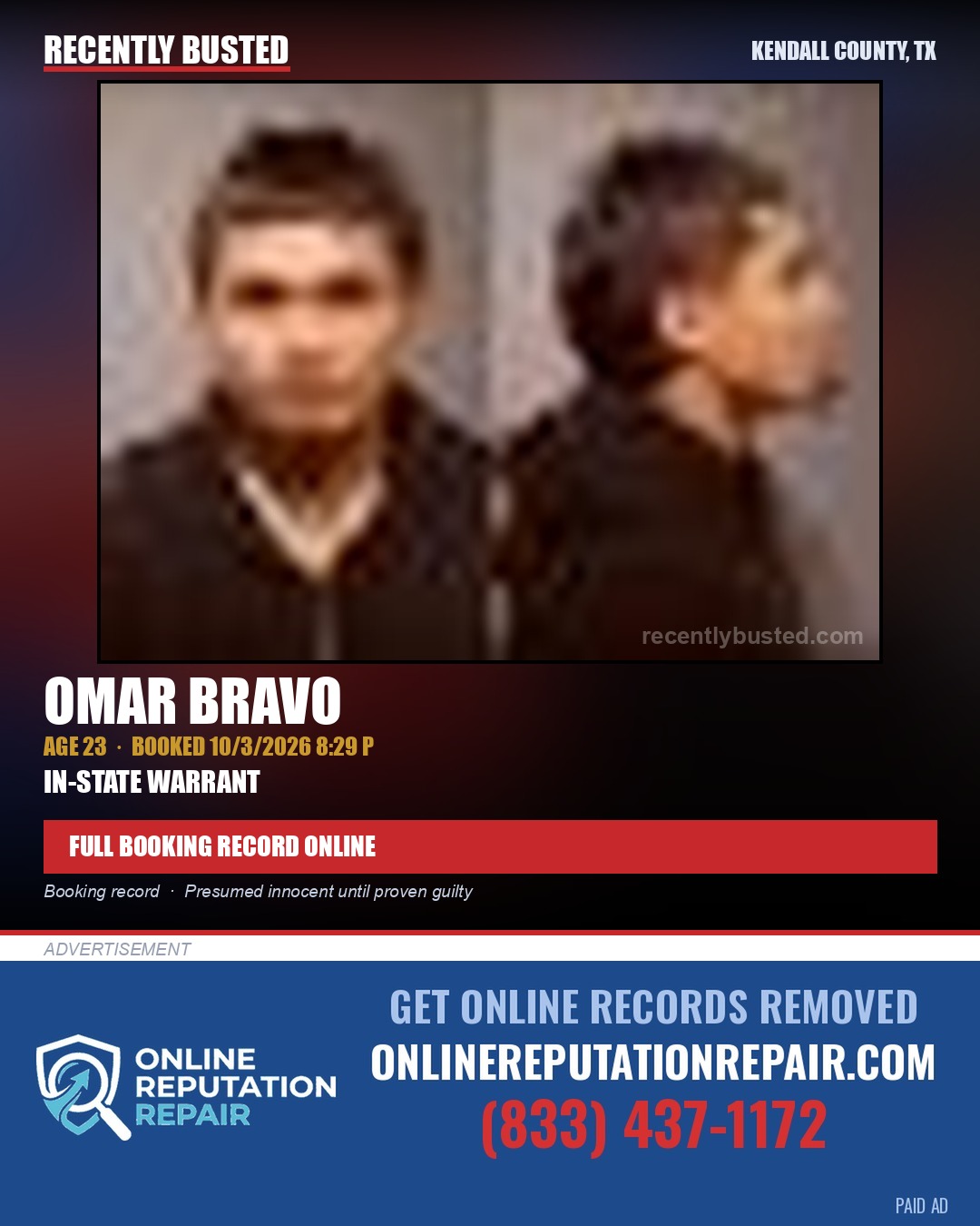 BRAVO, OMAR — arrest record card, Kendall County, Illinois