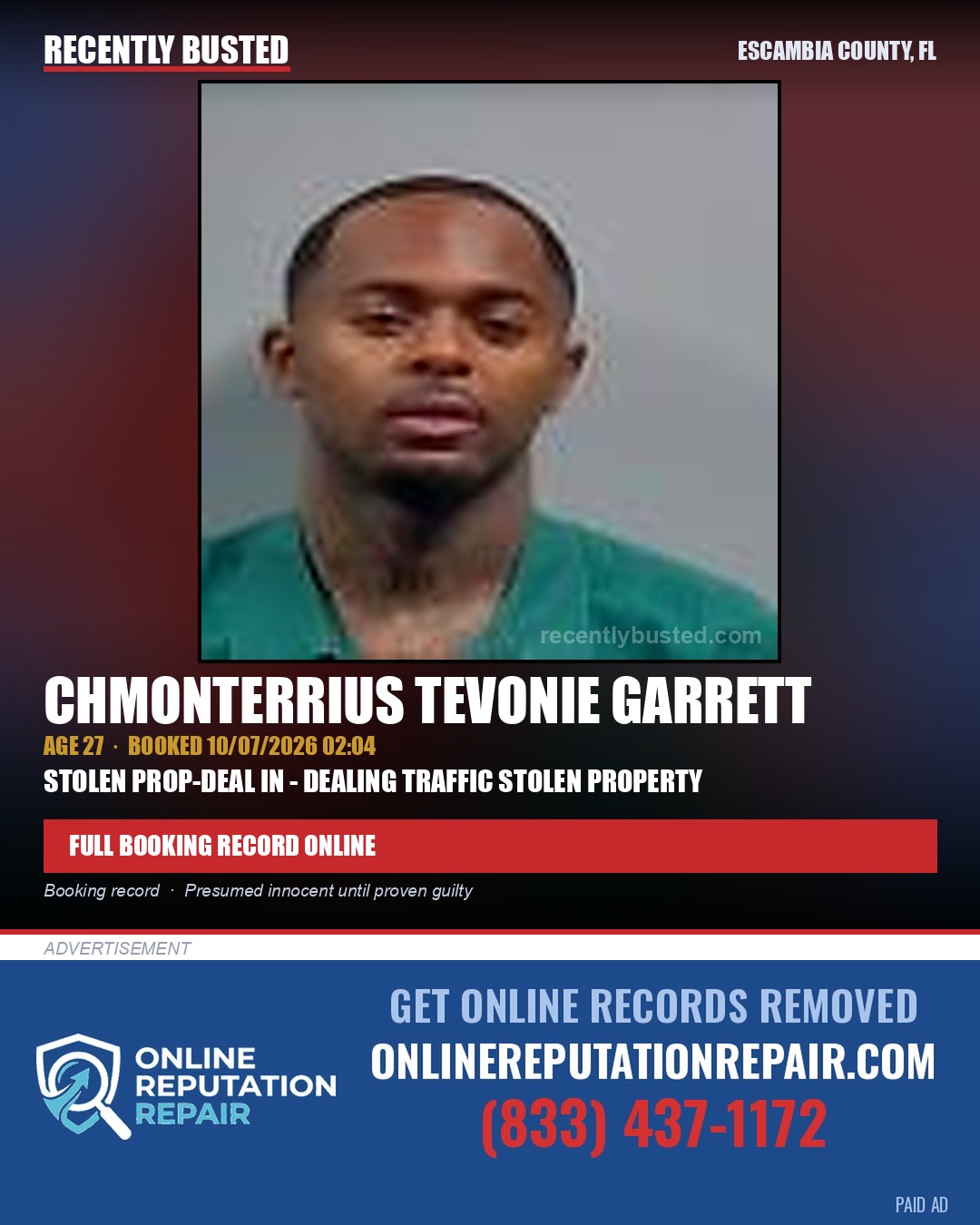 Chmonterrius Tevonie Garrett — arrest record card, Escambia County, Florida