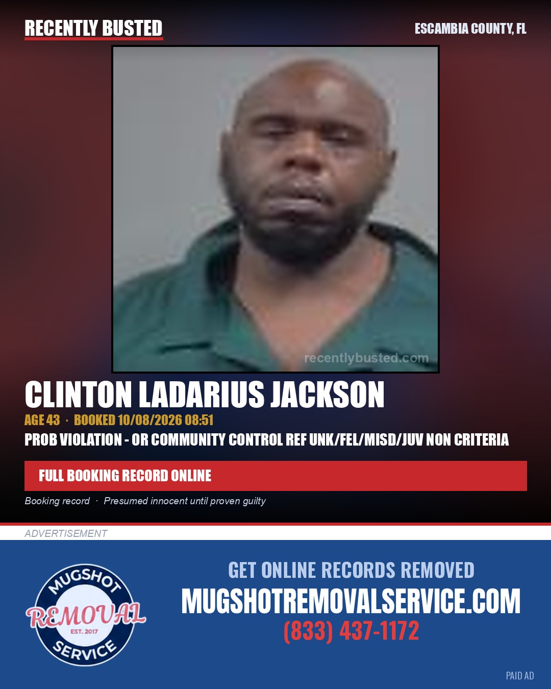 Clinton Ladarius Jackson — arrest record card, Escambia County, Florida