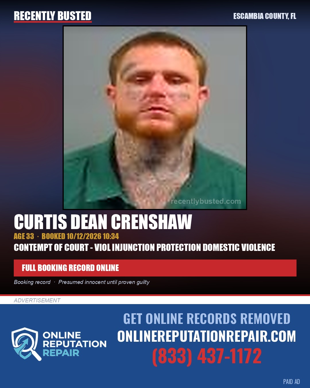Curtis Dean Crenshaw — arrest record card, Escambia County, Florida