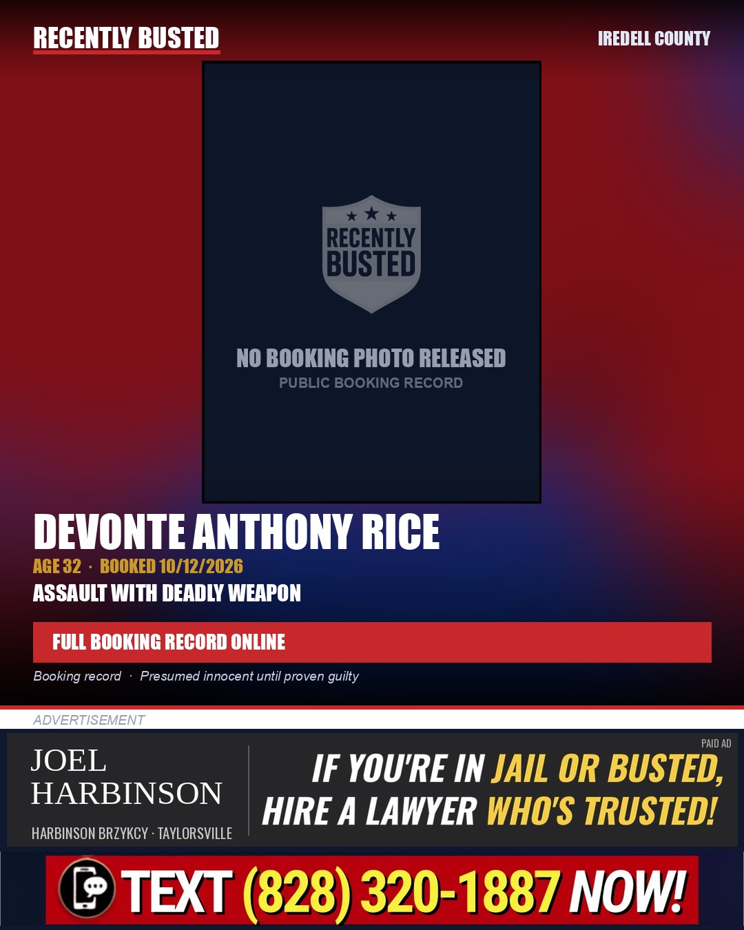 DEVONTE ANTHONY RICE — arrest record card, Iredell County