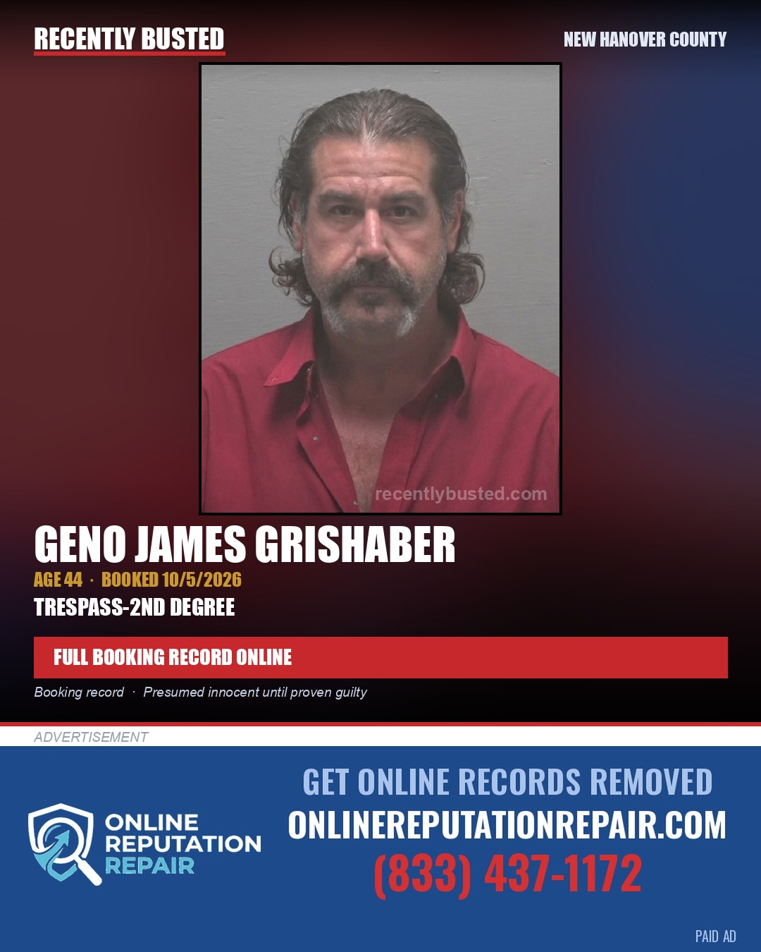 GENO JAMES GRISHABER — arrest record card, New Hanover County