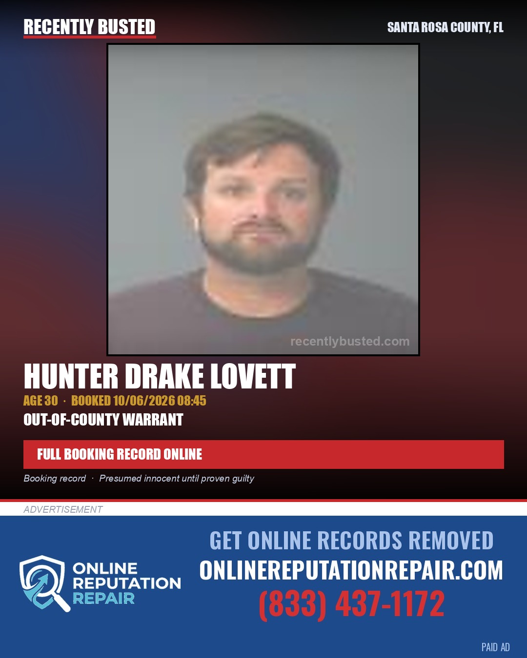 Hunter Drake Lovett — arrest record card, Santa Rosa County, Florida