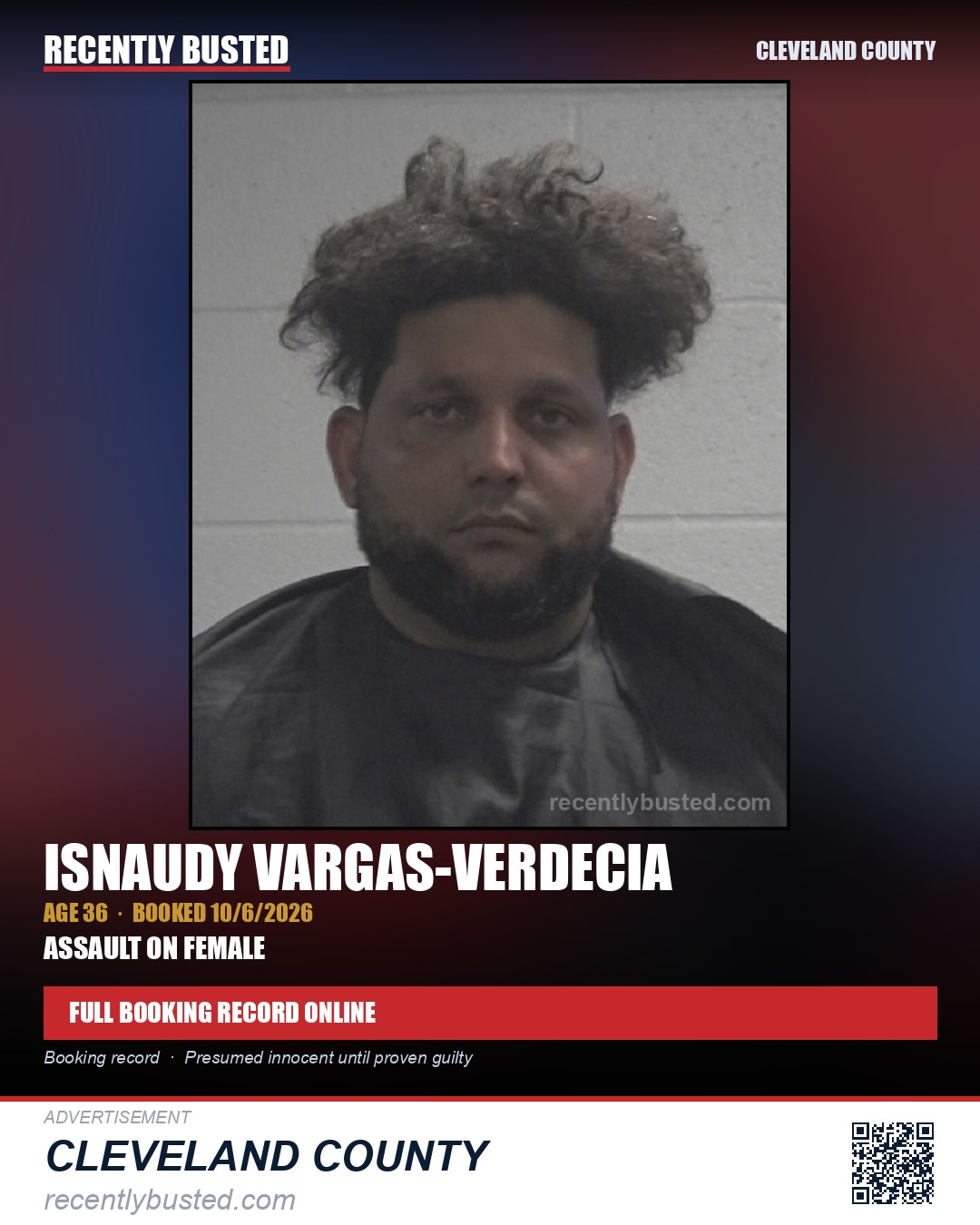ISNAUDY VARGAS-VERDECIA — arrest record card, Cleveland County