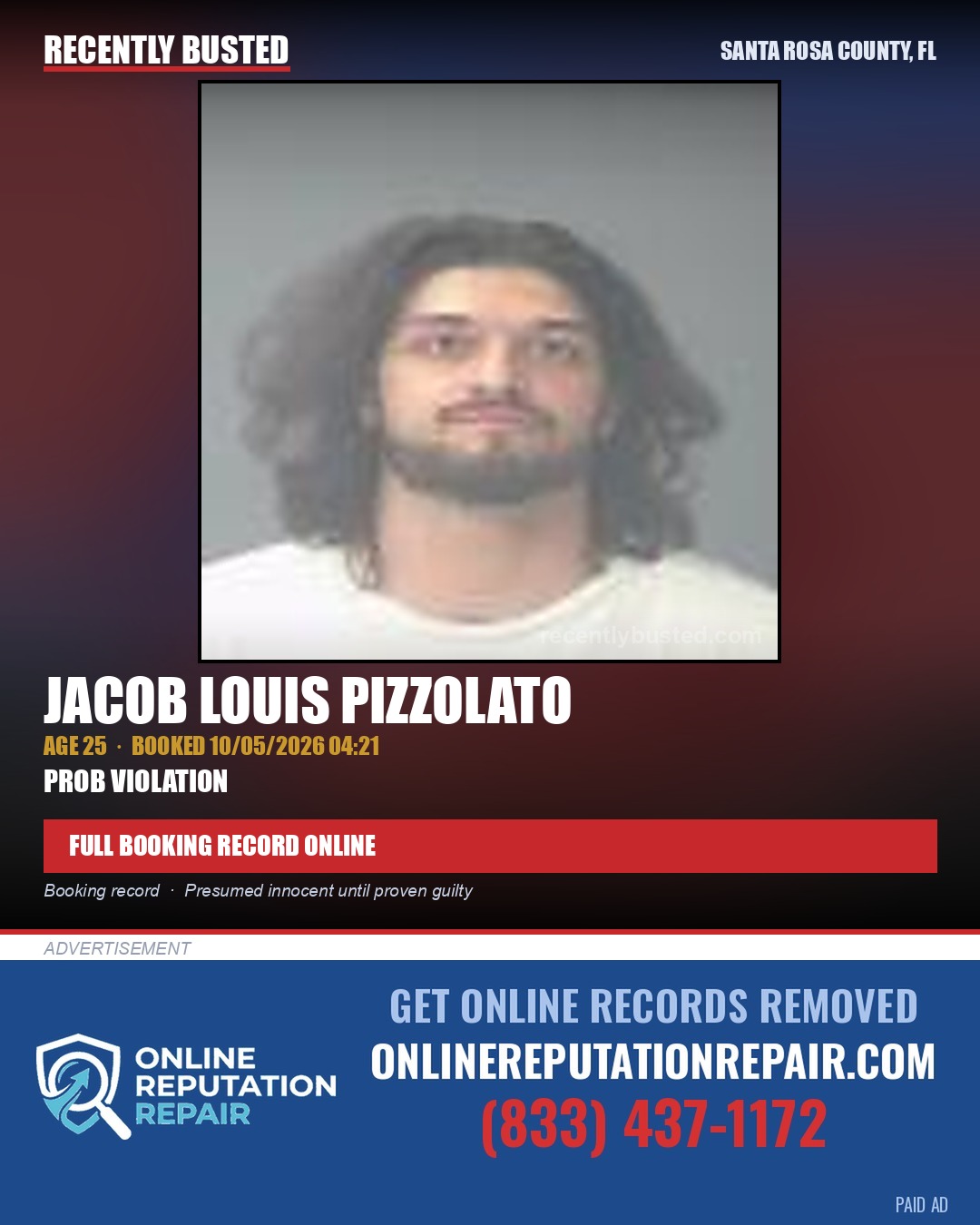 Jacob Louis Pizzolato — arrest record card, Santa Rosa County, Florida