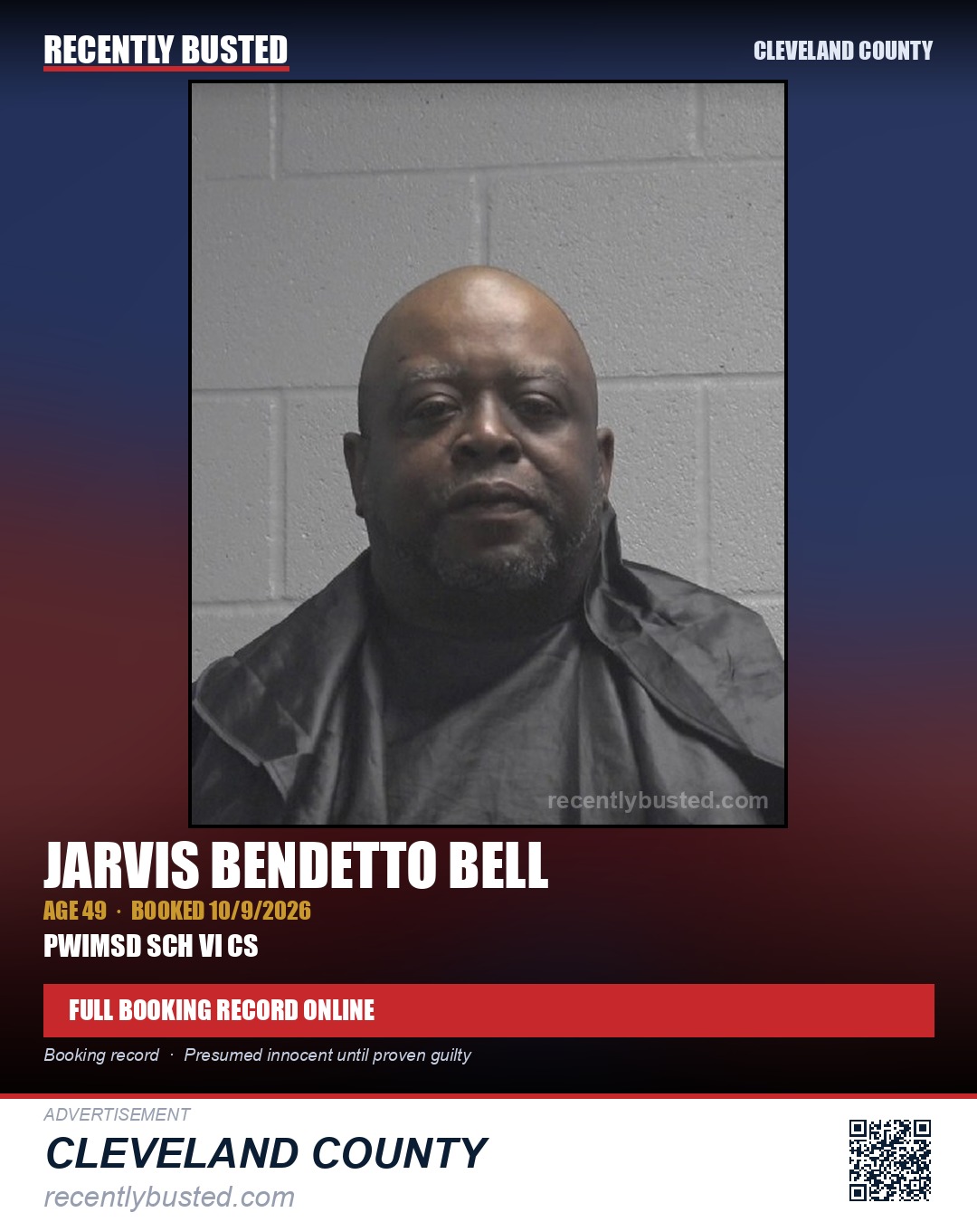 JARVIS BENDETTO BELL — arrest record card, Cleveland County