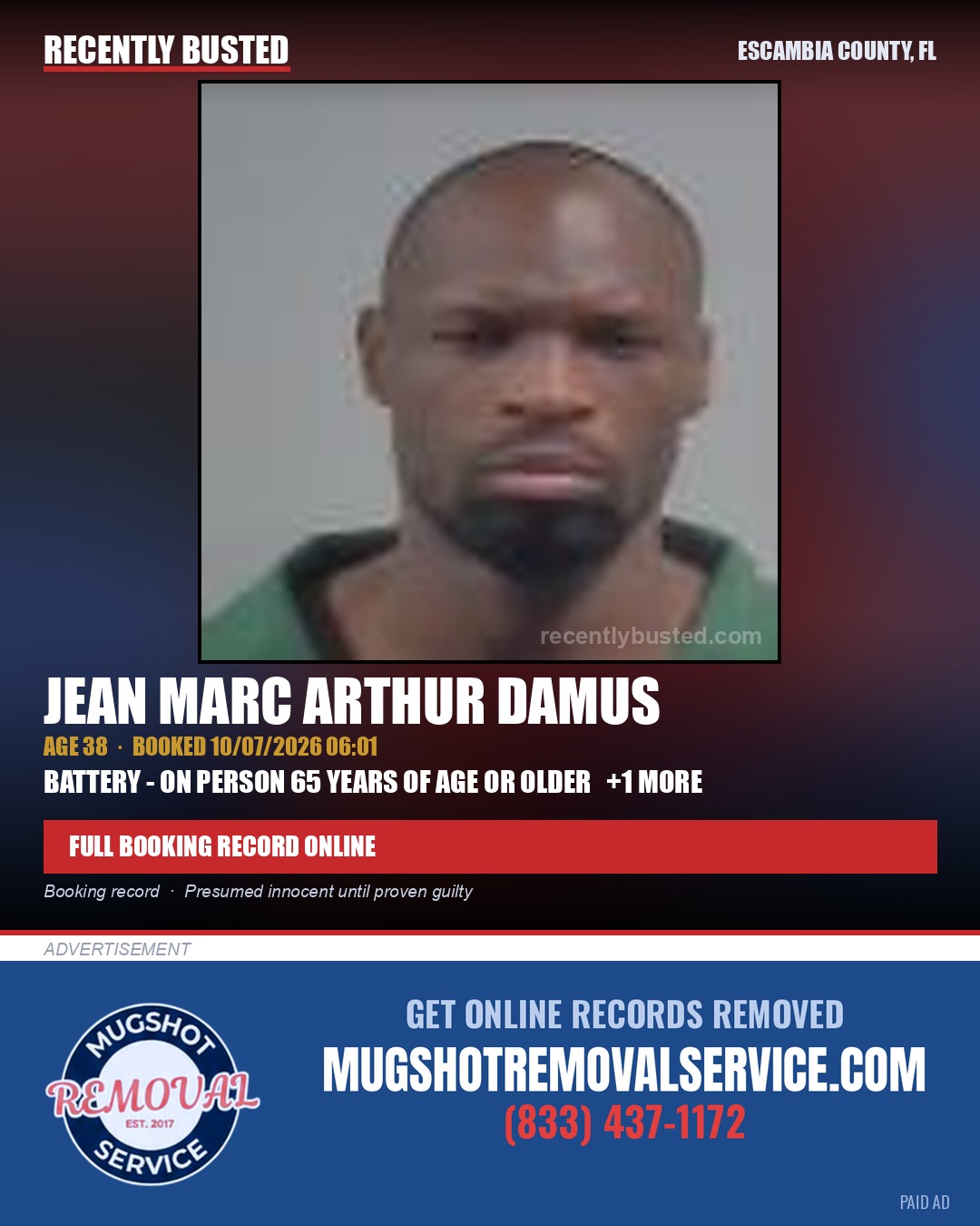 Jean Marc Arthur Damus — arrest record card, Escambia County, Florida