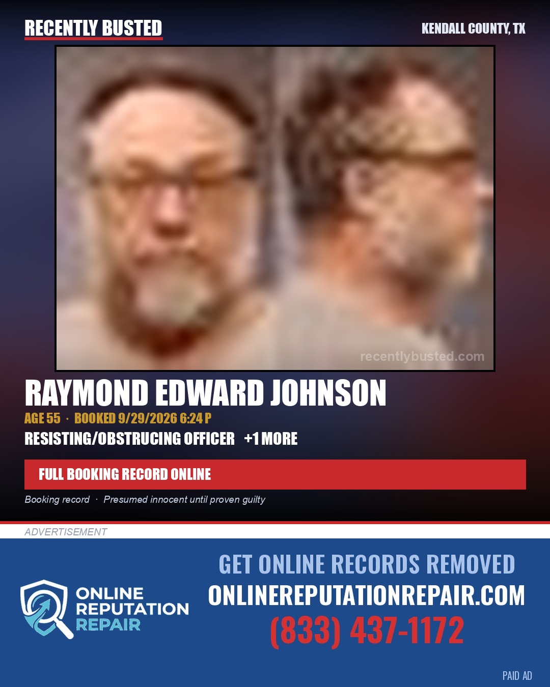 JOHNSON, RAYMOND EDWARD — arrest record card, Kendall County, Illinois