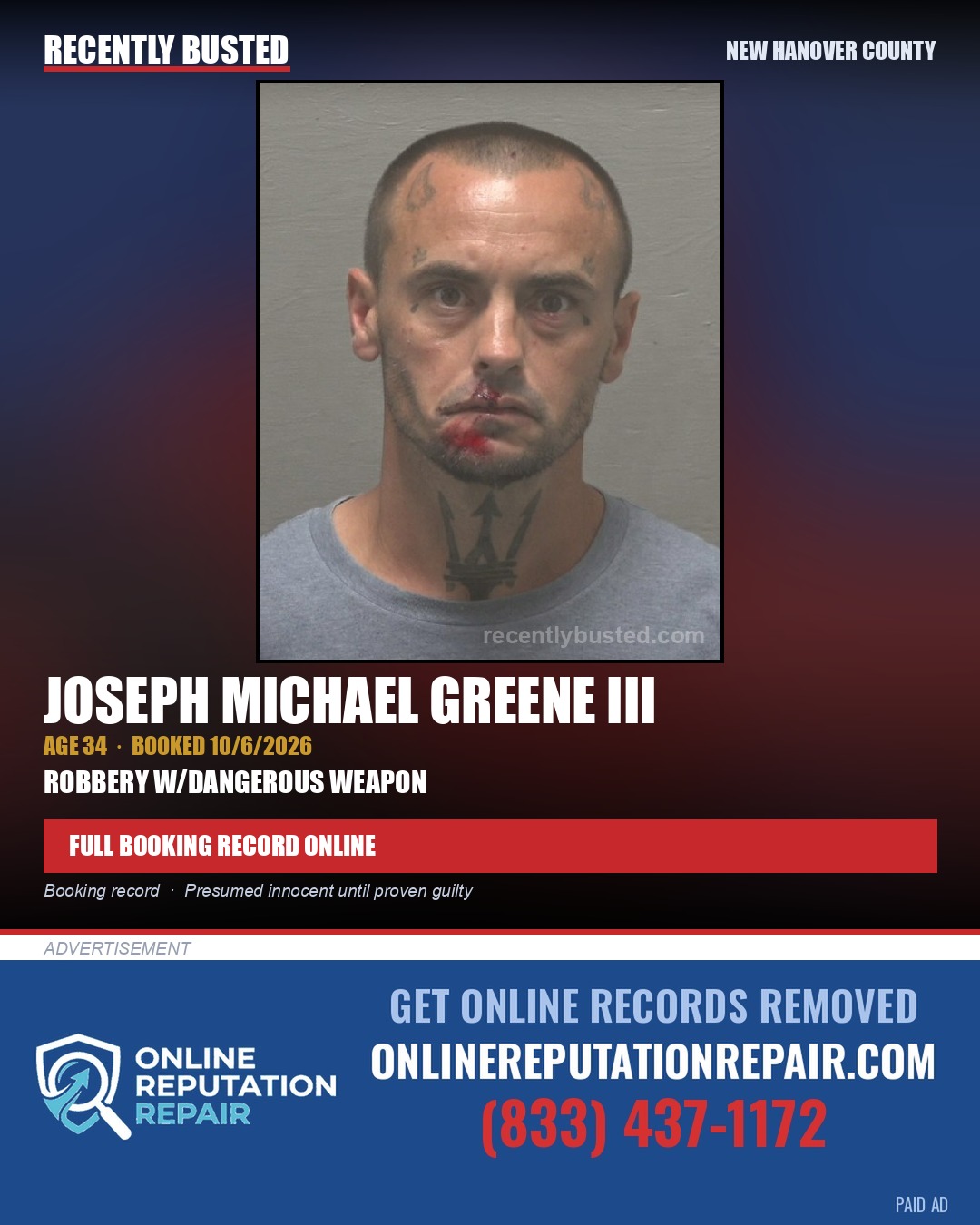 JOSEPH MICHAEL GREENE III — arrest record card, New Hanover County