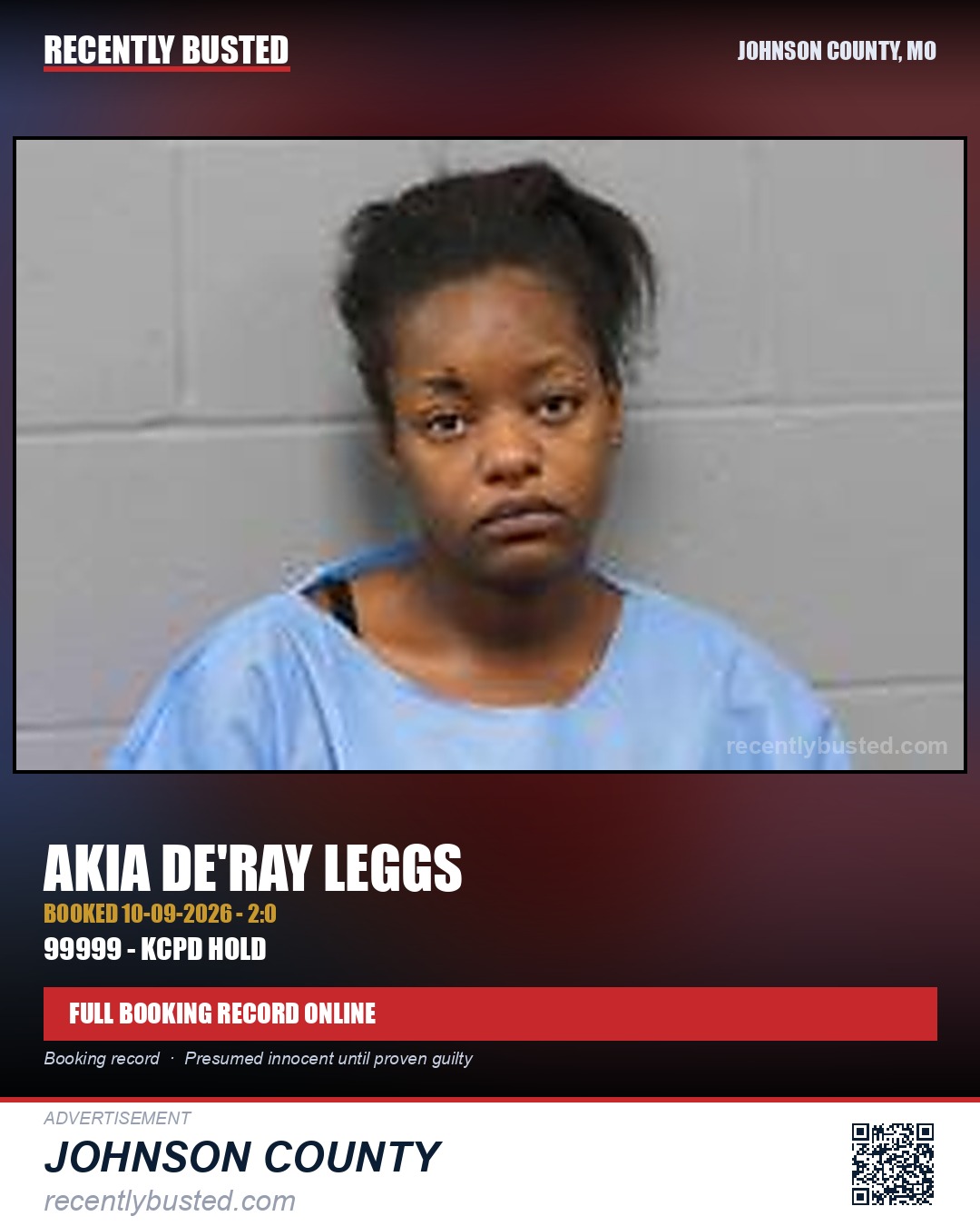 LEGGS, AKIA DE'RAY — arrest record card, Johnson County, Missouri