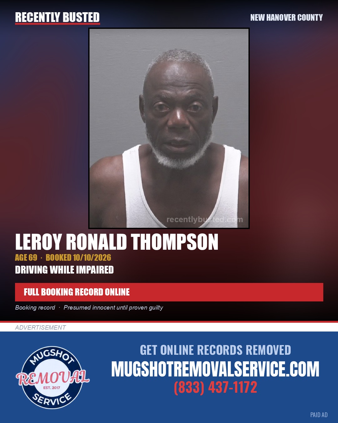 LEROY RONALD THOMPSON — arrest record card, New Hanover County