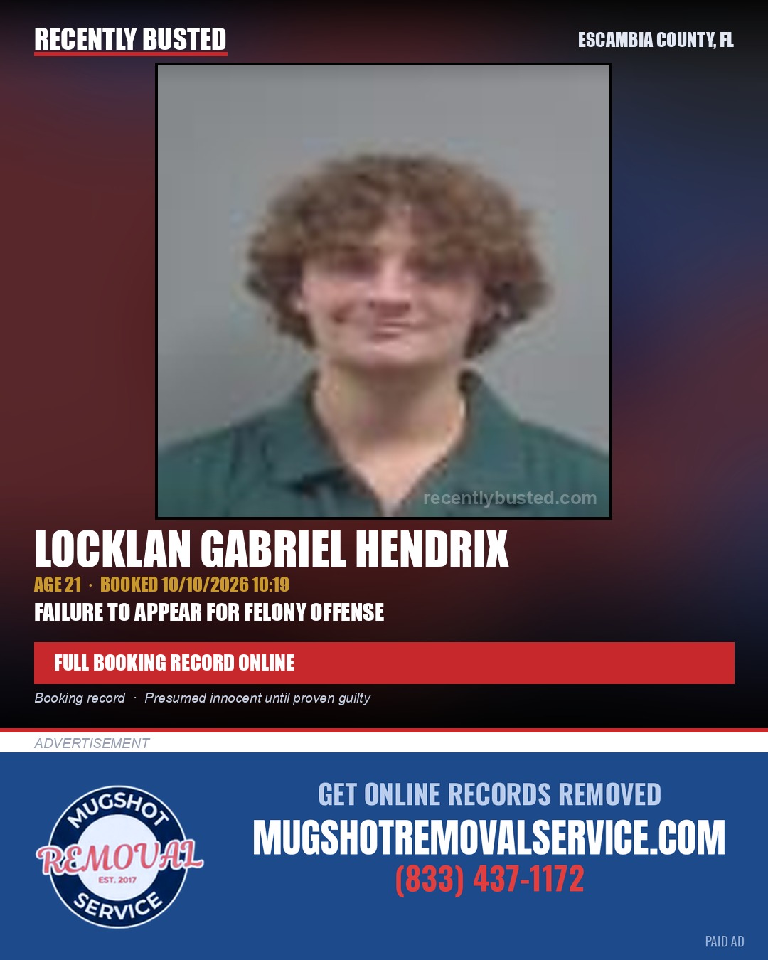 Locklan Gabriel Hendrix — arrest record card, Escambia County, Florida